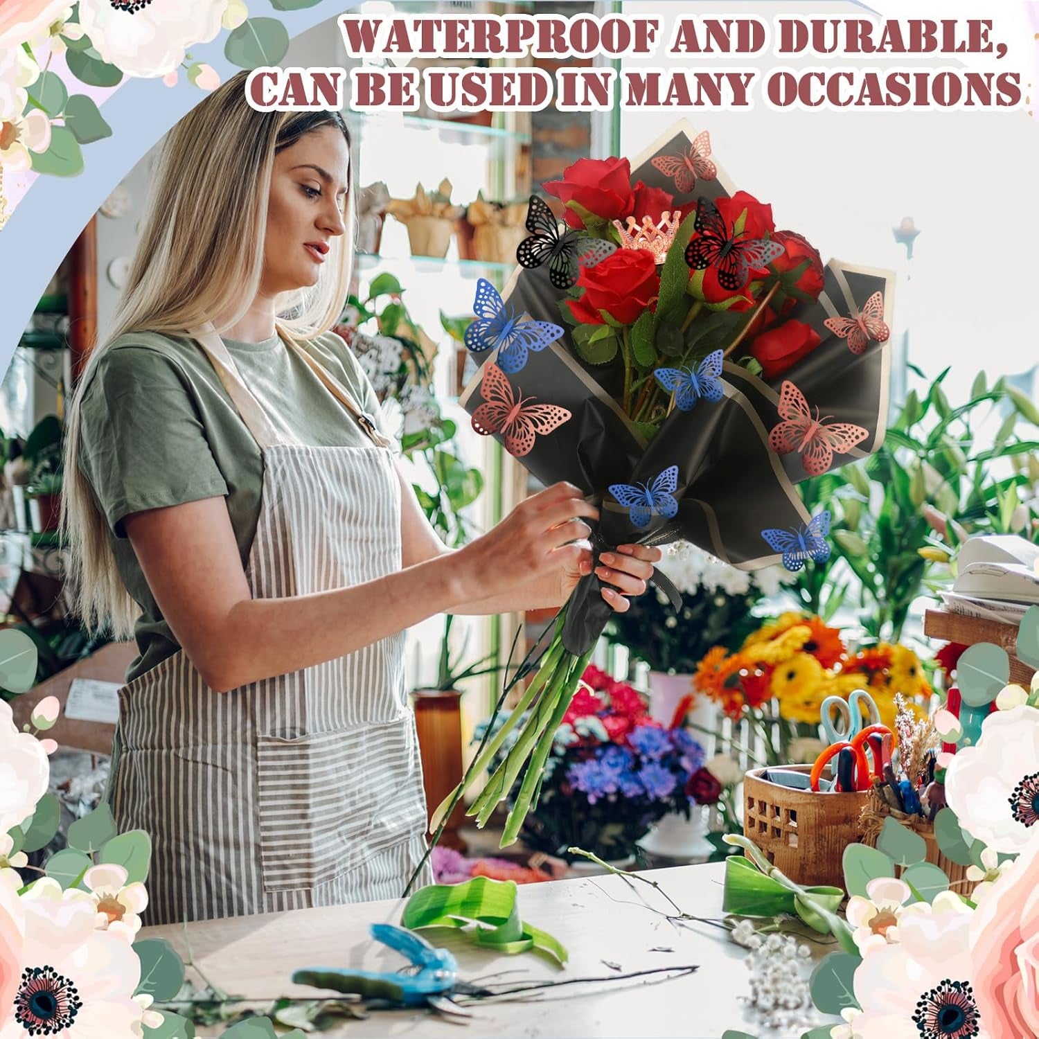 243 Pcs Flower Bouquet Wrapping Paper Waterproof Floral Wrapping Paper Florist Supplies with Butterfly Decoration Crowns Ribbons Bouquet Pin Glue for DIY Craft (Elegant Color)