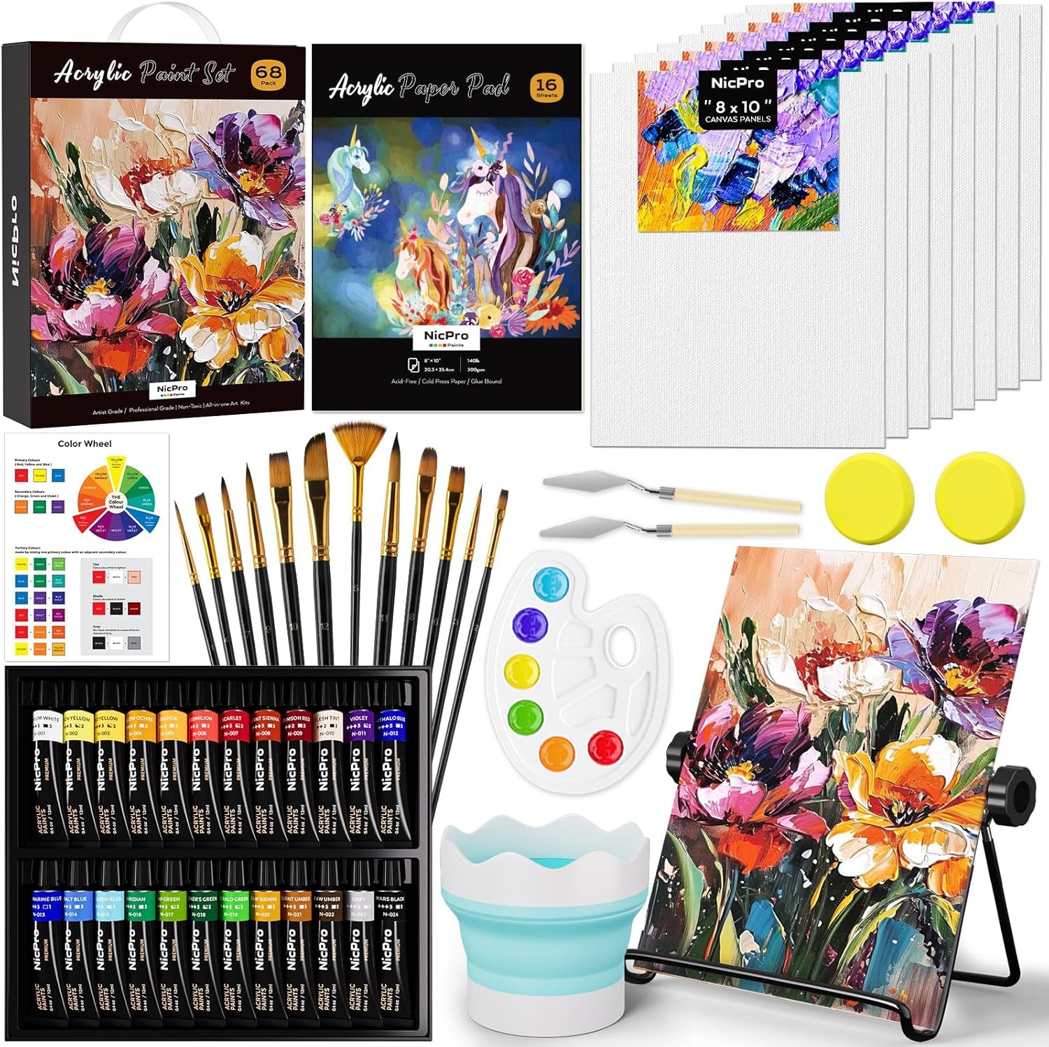 68PCS Acrylic Paint Canvas Set for Adults &amp; Kids, Art Painting Supplies Kit with 24 Paints,Table Easel,8 Canvas Panels,12 Brushes,Paper Pad,Cleaning Cup,Sponge,Palette for Artist Beginner