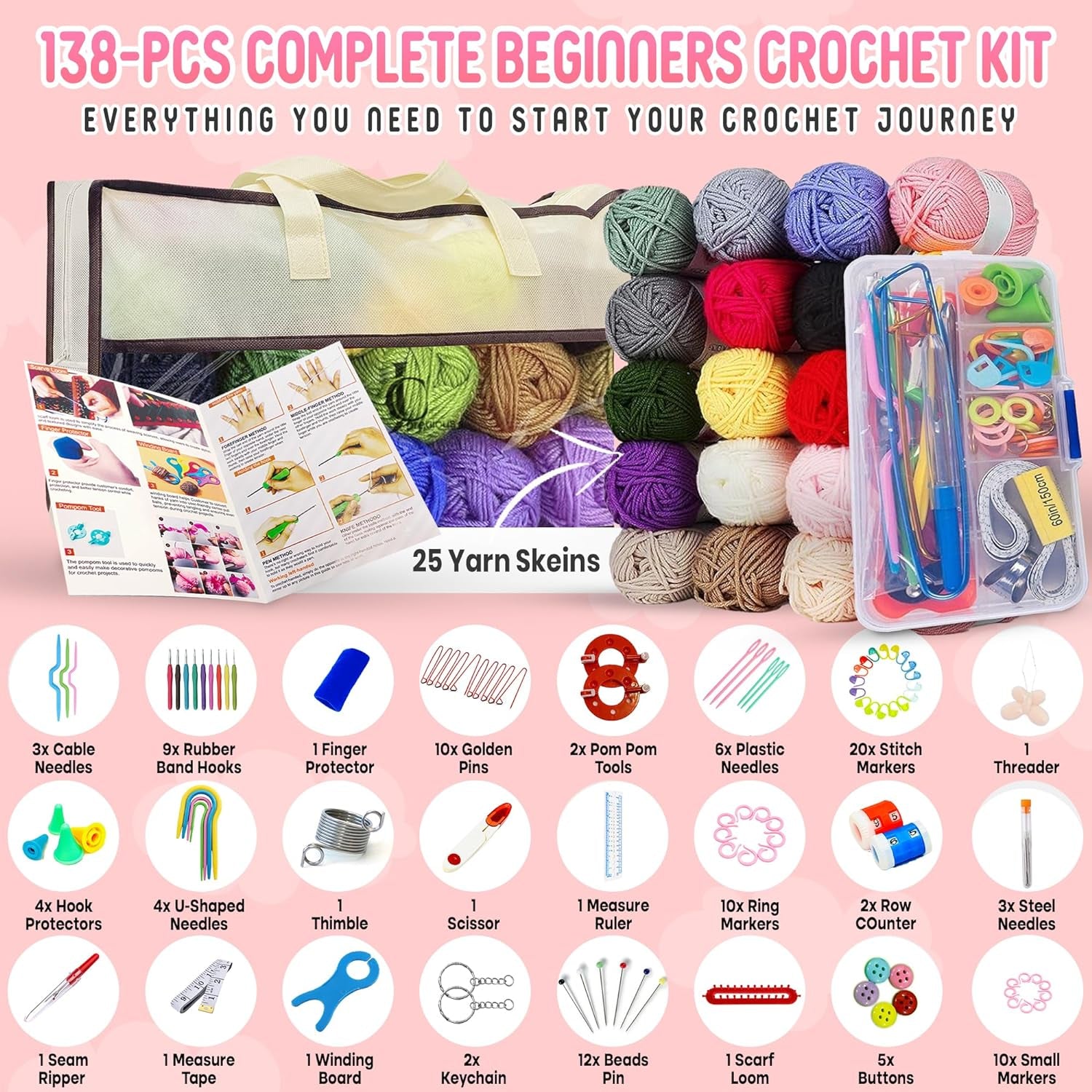 138-Piece Complete Crochet Kit for Beginners Adults & Kids, 25 Acrylic Yarn Colors, Ergonomic Hooks, Scarf Loom, Pompom Makers - Make Amigurumi, Scarves - Learn to Crochet Book - Ideal for All Ages