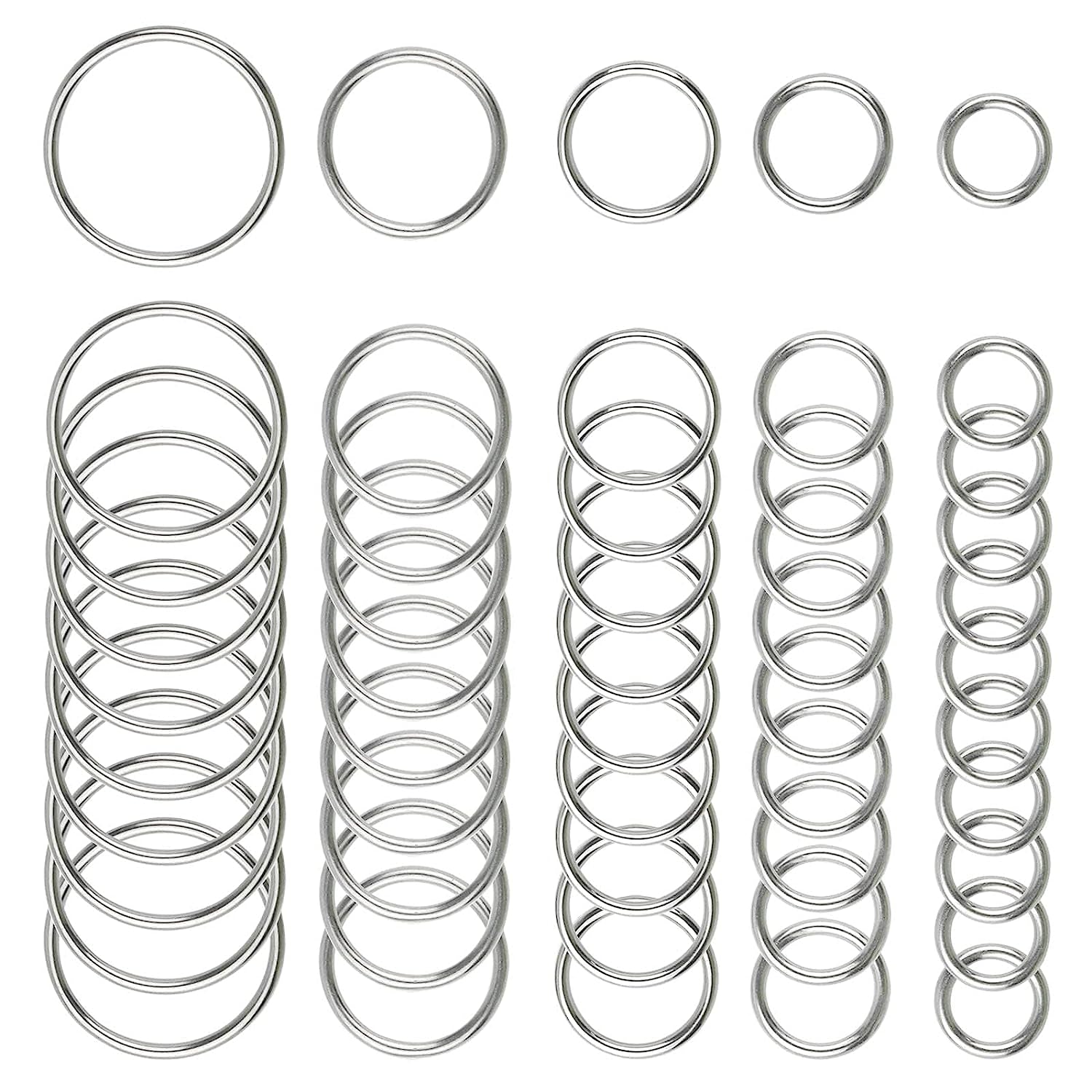 50 Pcs Stainless Steel Smoothing Welded O-Ring, 15/20/25/30/40Mm inside Diameter Metal round Rings for Camping Belt, Dog Leashes, Hardware (Thickness 3Mm, 10 of Each)