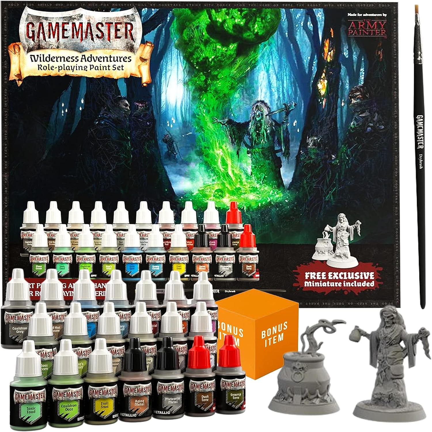 Wilderness Adventures Dnd Acrylic Paint Set with 20 Warpaints, Acrylic Paints for Models and Miniatures, Acrylic Warpaints, Quickshade Washes, Metallic Paints & 2 Plastic Miniatures