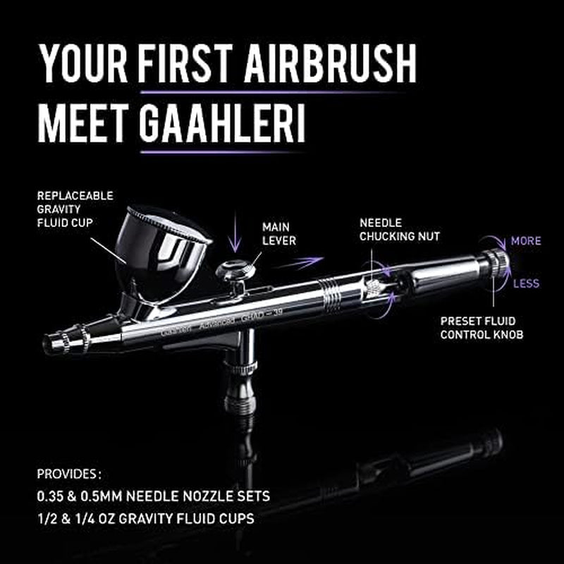 Airbrush Kit, Airbrush Gun Dual-Action Gravity 1/2 &amp; 1/4 Oz Fluid Cup, 0.35 &amp; 0.5 Mm Needle, Cost-Effective Air Brush Set Makeup Nail Art Painting Model Coloring Cake Decor Silver