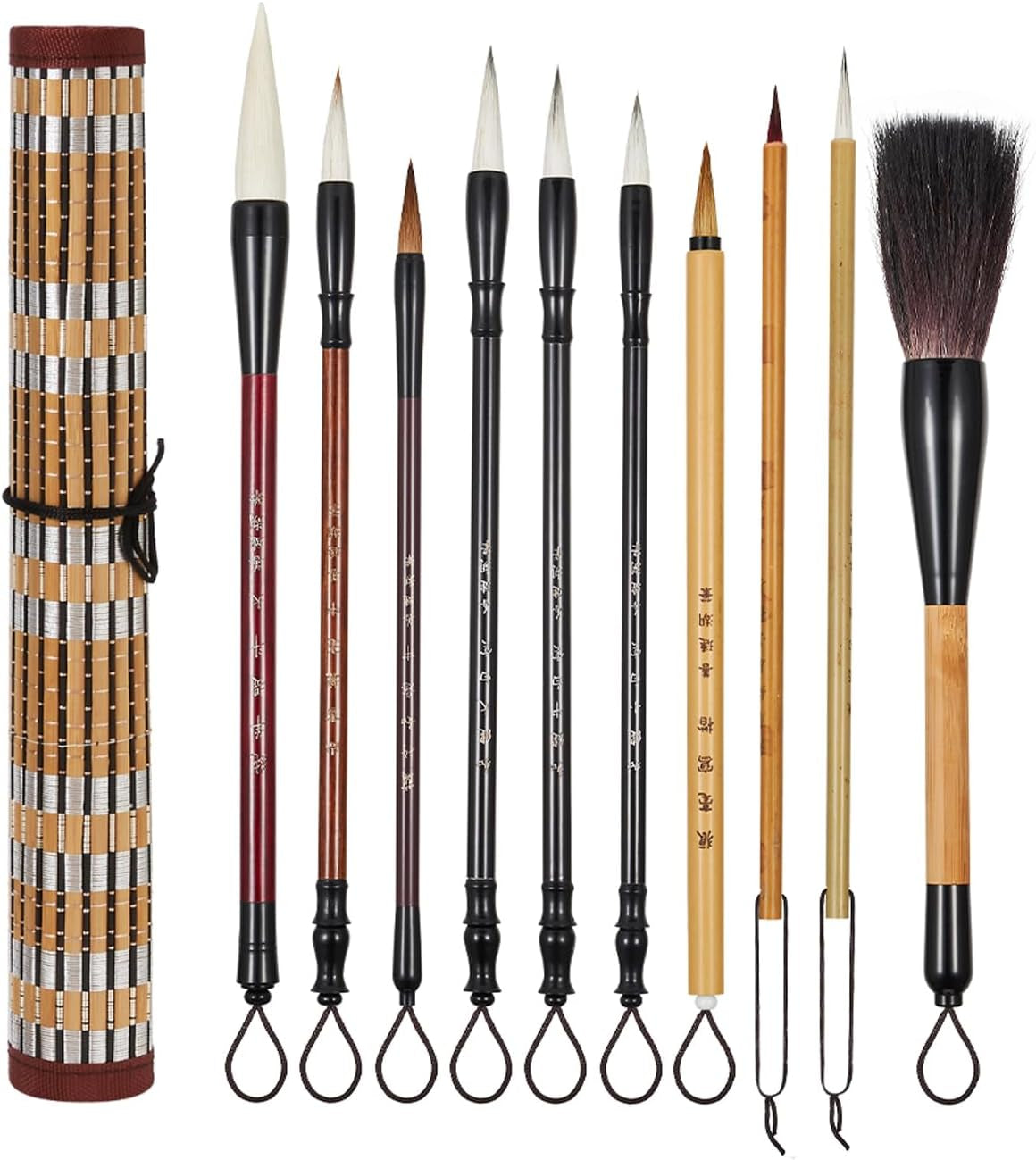 10Pcs Chinese Calligraphy Brushes Set, Painting Writing Brush, Kanji Japanese Sumi Drawing Brushes with Roll-Up Bamboo Brush Holder,Watercolor Art Brushes for Beginners