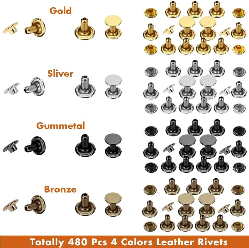 480 Sets 4 Colors 3 Sizes Leather Rivets Double Cap Rivet Tubular Metal Studs with 3 Pieces Setting Tool Kit for Leather Craft Repairs Decoration
