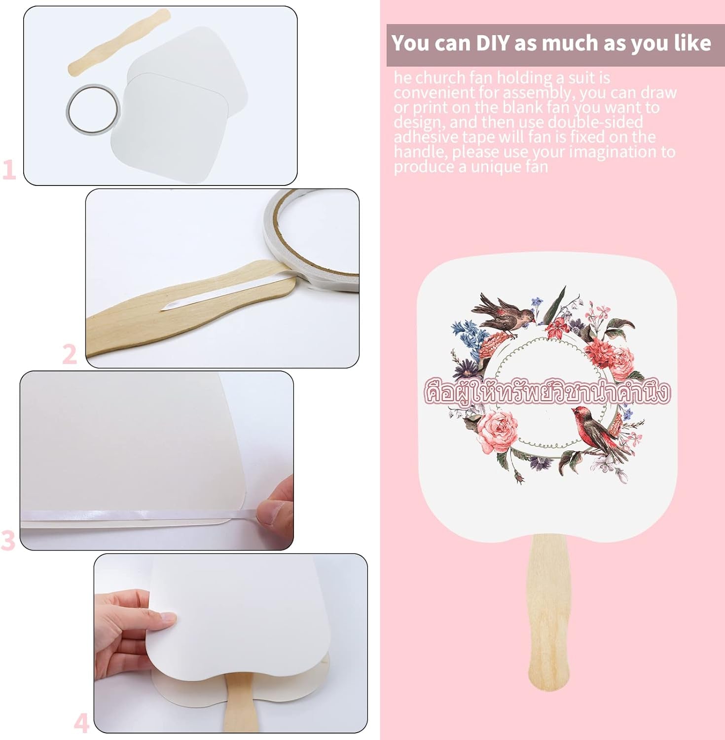 30 Pieces Church Fans Handheld Set, Including Fan Handle Craft Sticks Wavy Wooden Sticks, Blank White Cardstock, Double Sided Tape Church Fans for DIY Crafting Painting