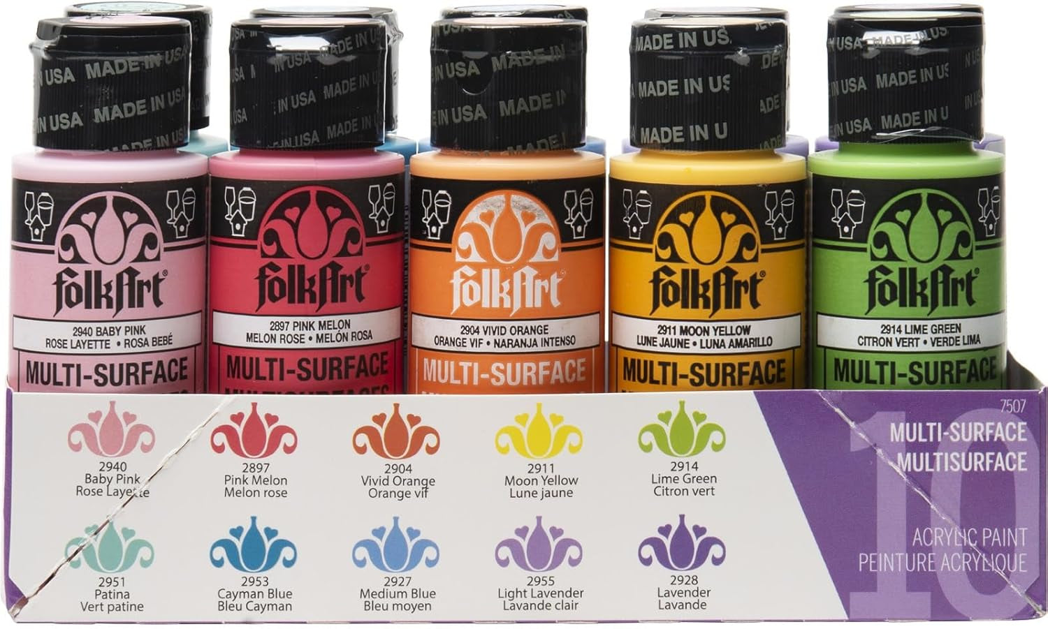 Color, 10 Bottle Multi-Surface Acrylic Paint Set, 2Oz, Brights
