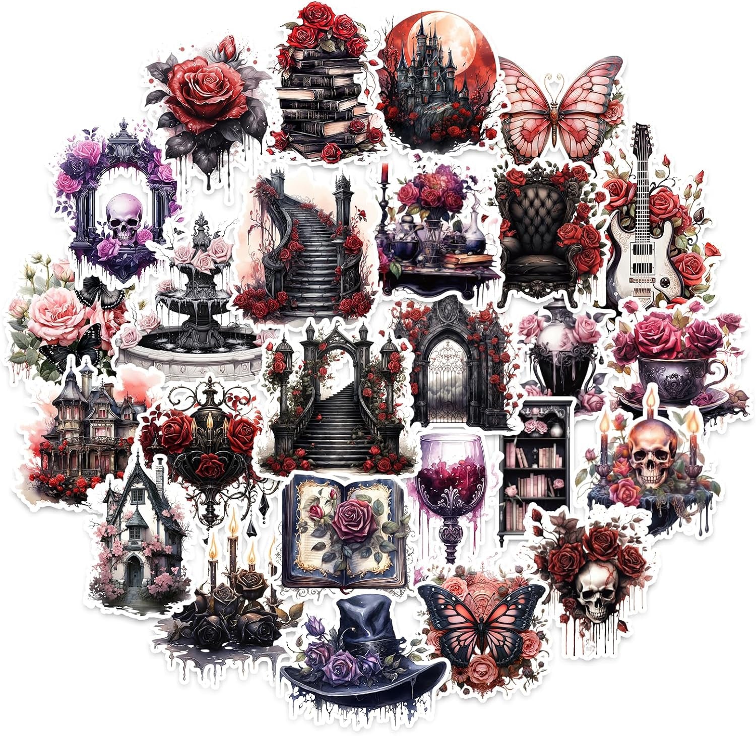 100 Pcs Dark Aesthetic Goth Style Stickers, Vintage Rose Skull Stickers Horror Vinyl Decals for Water Bottles Laptop Phone Scrapbook Junk Journal Collage DIY Crafts