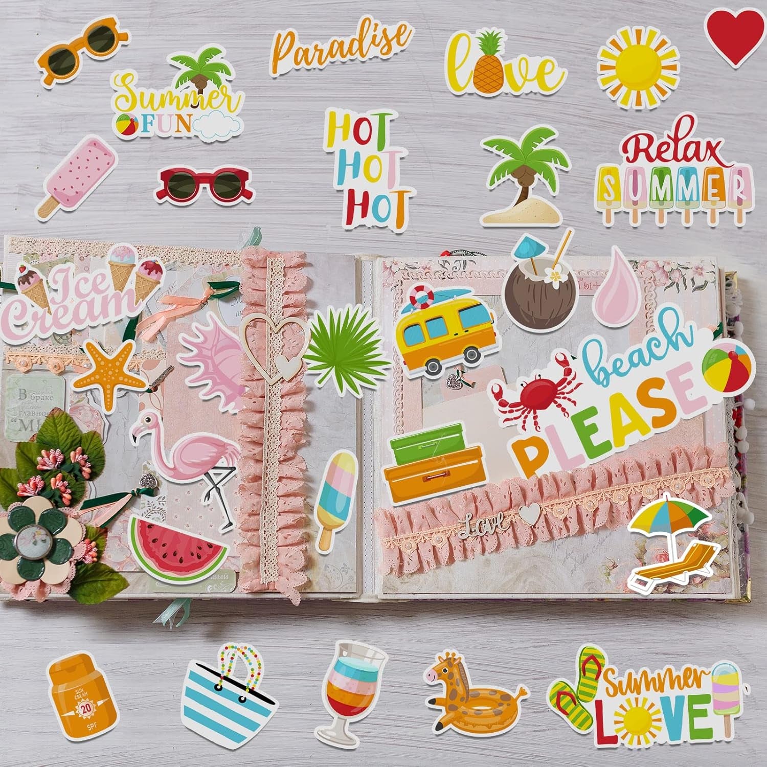 100 Pcs Summer Themed Paper Die Cuts Cardstock Scrapbook Die Cuts Scrapbooking Summer Cut Outs Scrapbook Embellishments for Summer Bulletin Board Decorations DIY Craft Making Supplies