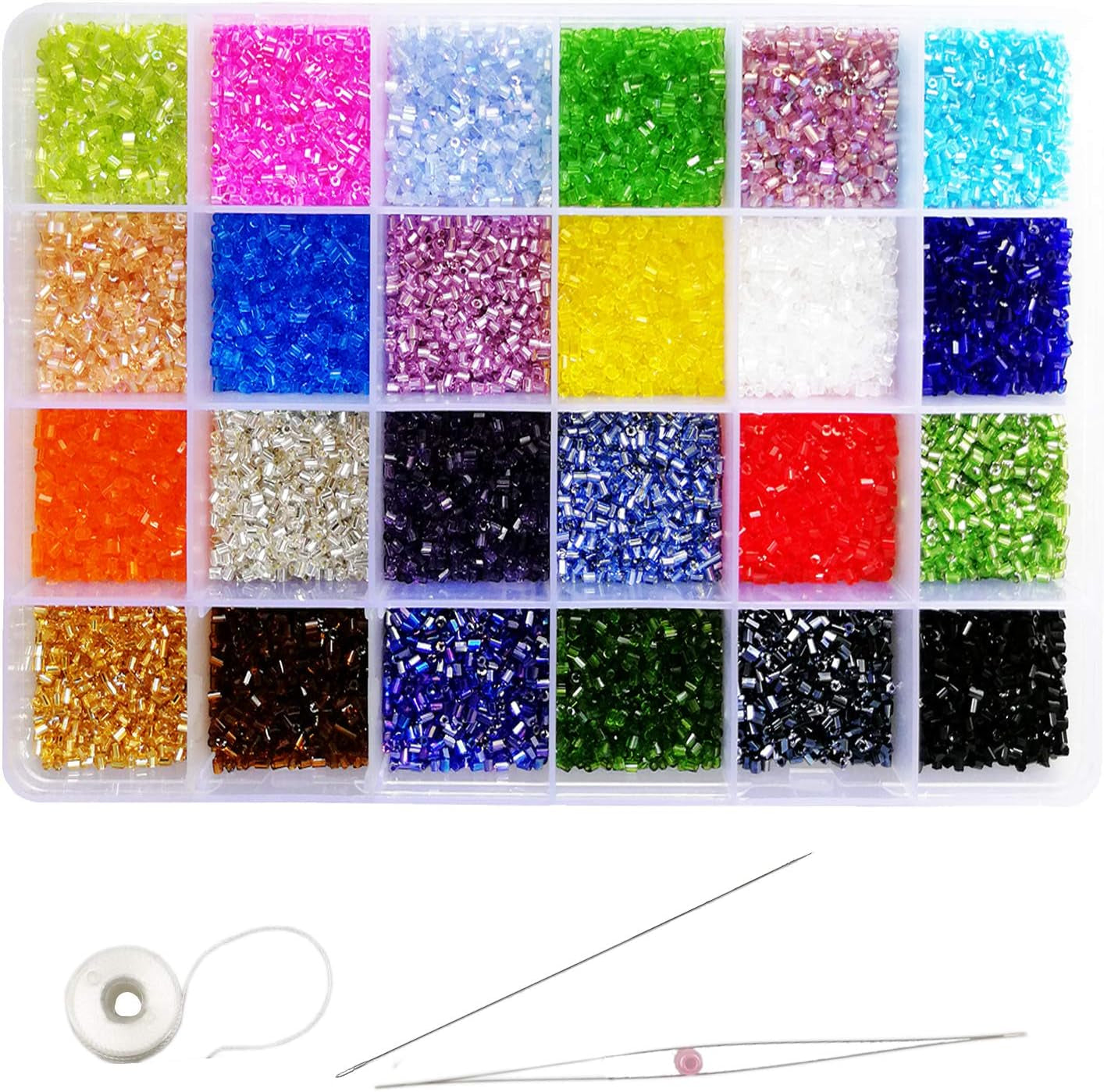 Crafts Glass Bugle Beads 6Mm Tube Spacer Beads Beading Needles with Organizer Box for Jewelry Making (24 Assorted Multicolor Set, Total about 7200Pcs)