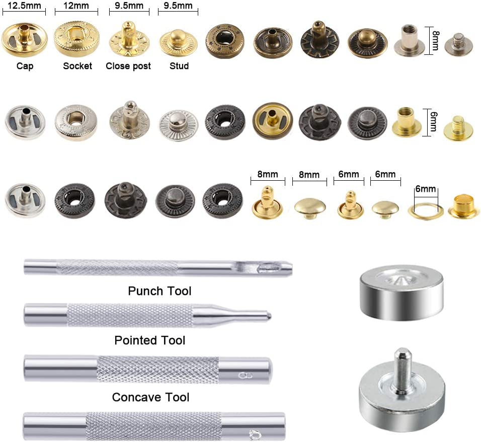 400 Set 4 Style Snap Fasteners Kit Including Leather Rivets, Eyelets, Grommets, Binding Screws, Snap Buttons Press Studs Kit with Fixing Tools for Thin Leather, Jacket, Jeans Wear