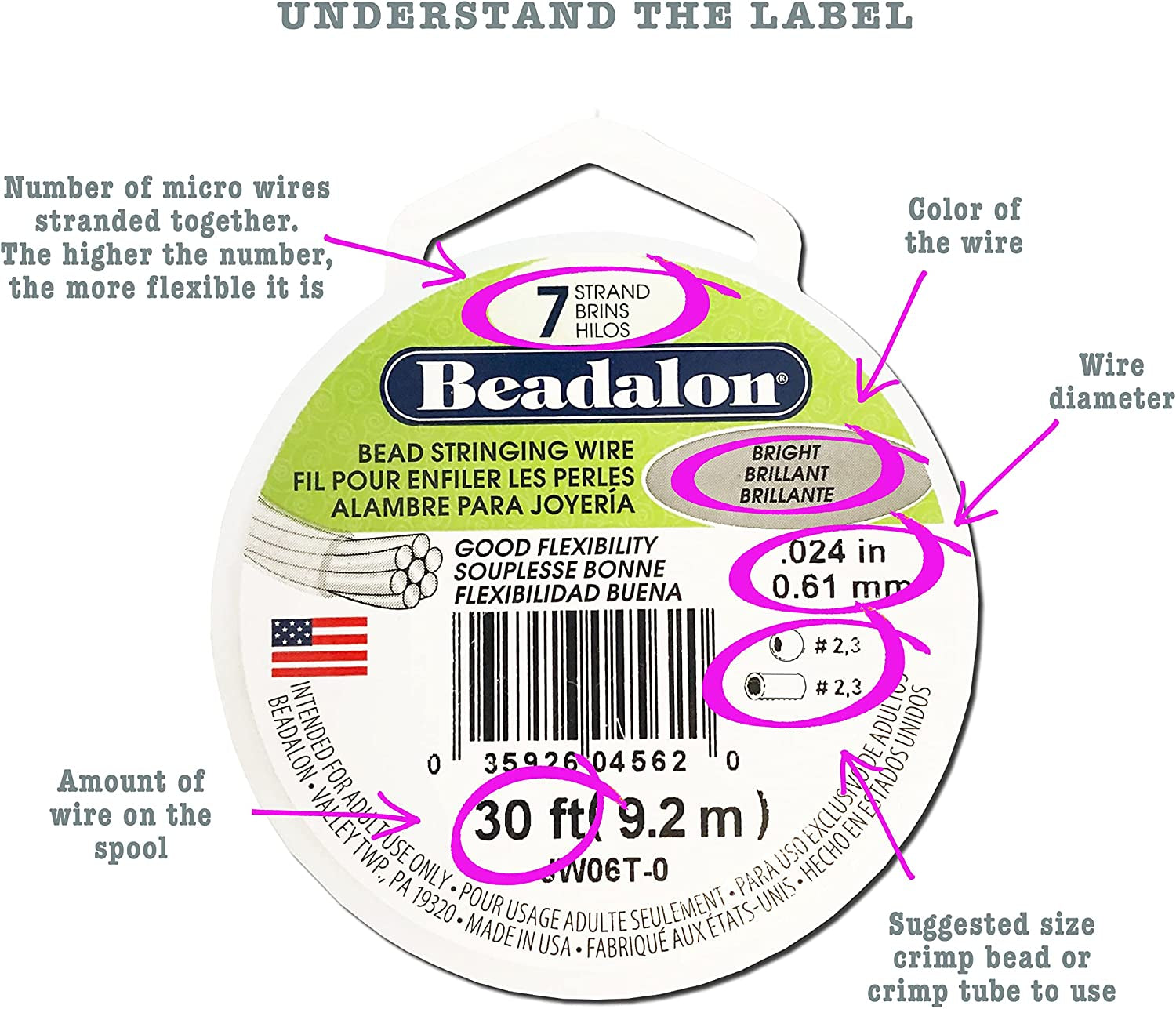 7 Strand Stainless Steel Bead Stringing Wire, 0.018 in / 0.46 Mm, Bright, 100 Ft / 31 M