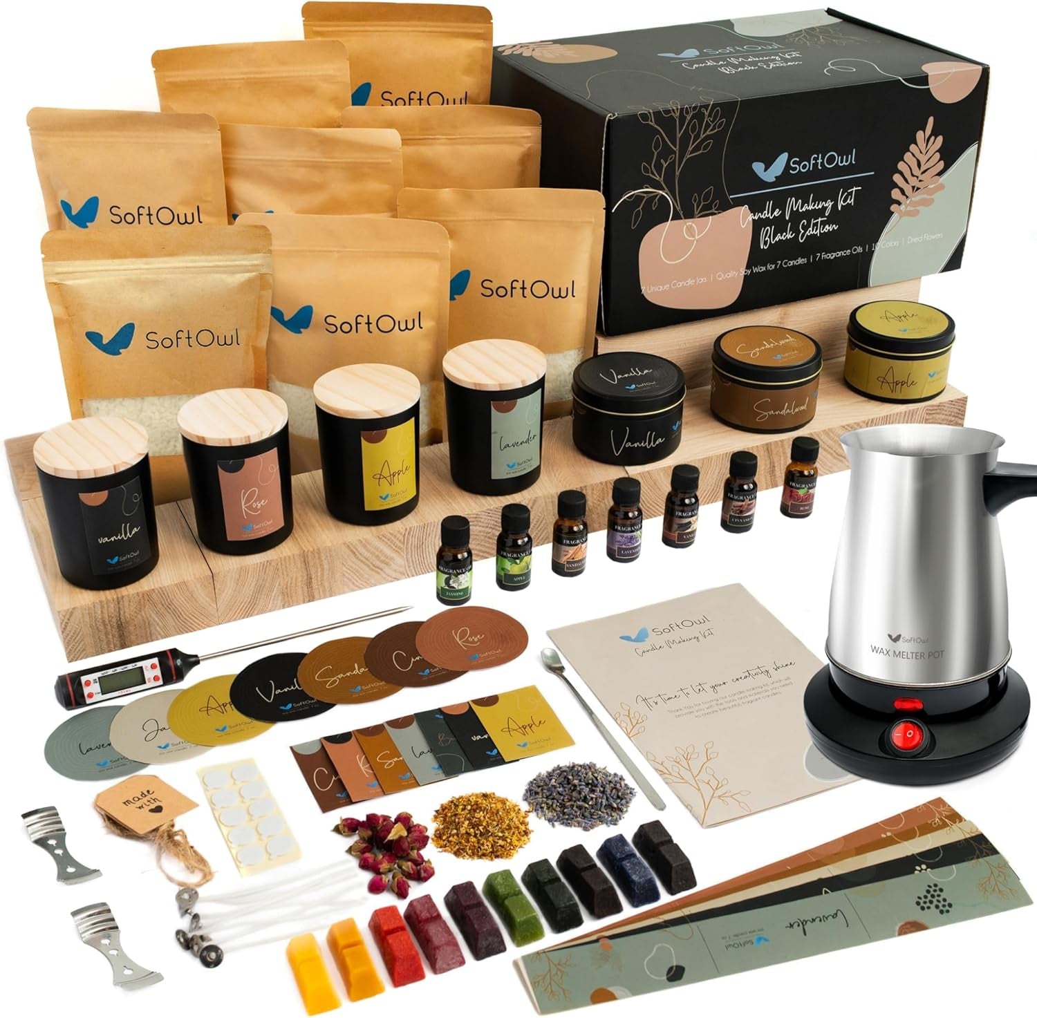 Premium Soy Candle Making Kit - Black Edition - Full Set - Soy Wax, Big 7Oz Jars & Tins, 7 Pleasant Scents, 10 Color Dyes & More - Perfect as Home Decorations