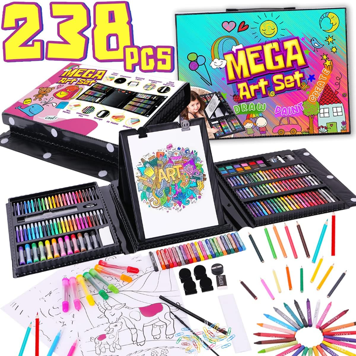 Drawing Painting Art Set for Kids - 238 Pieces Paint Makers Coloring Set School Supplies Kit Sketch Pad Easel Oil Pastels Crayons Watercolor Pencils Markers Toddler Boys Girls Age 3 4 5 6-12