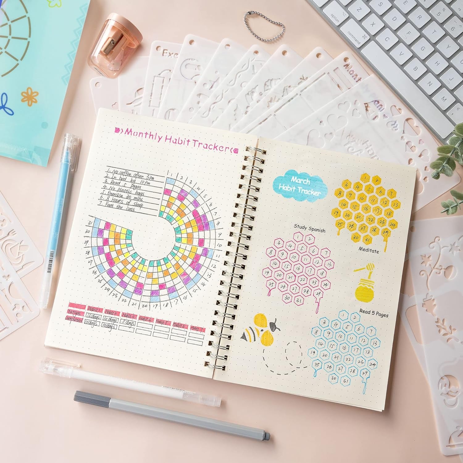 36Pcs Bullet Journal Stencils Templates Set (5.1 * 7.9 Inch) - Bullet Journals Accessories/Supplies Kit - Journal Stencils for Bullet Journaling - Planner Stencils for A5 Dotted Journal