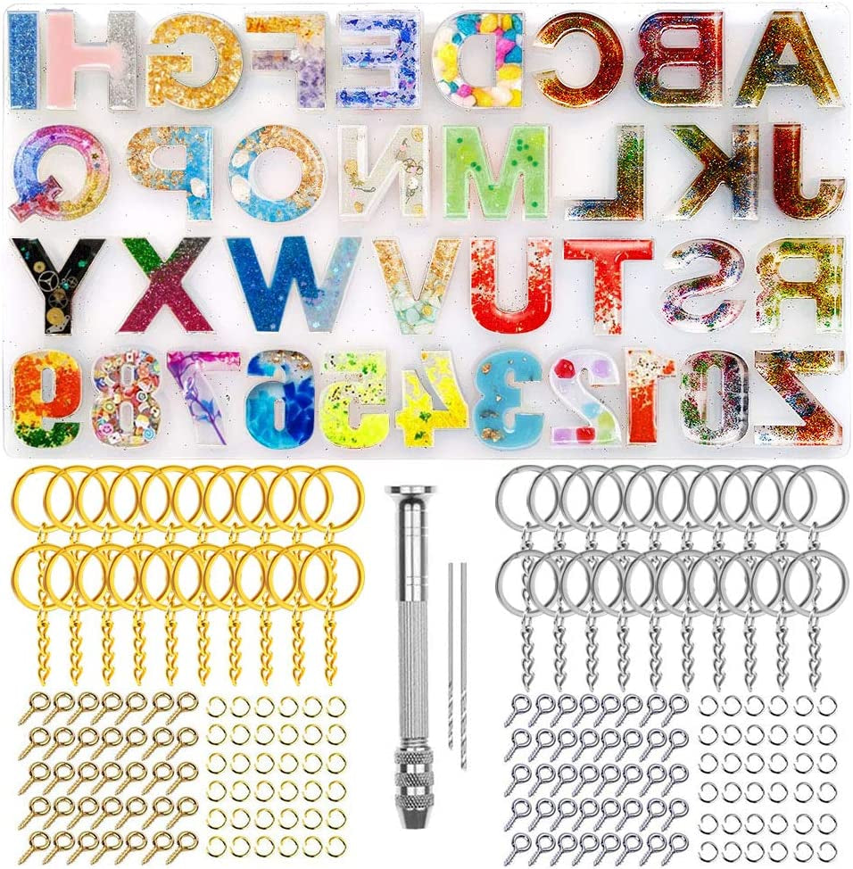 244Pcs Alphabet Silicone Resin Casting Molds Kit, Reversed Letters & Numbers Epoxy Casting Molds with Pin Vise Set for DIY Making Keychain/House Number Resin Crafts