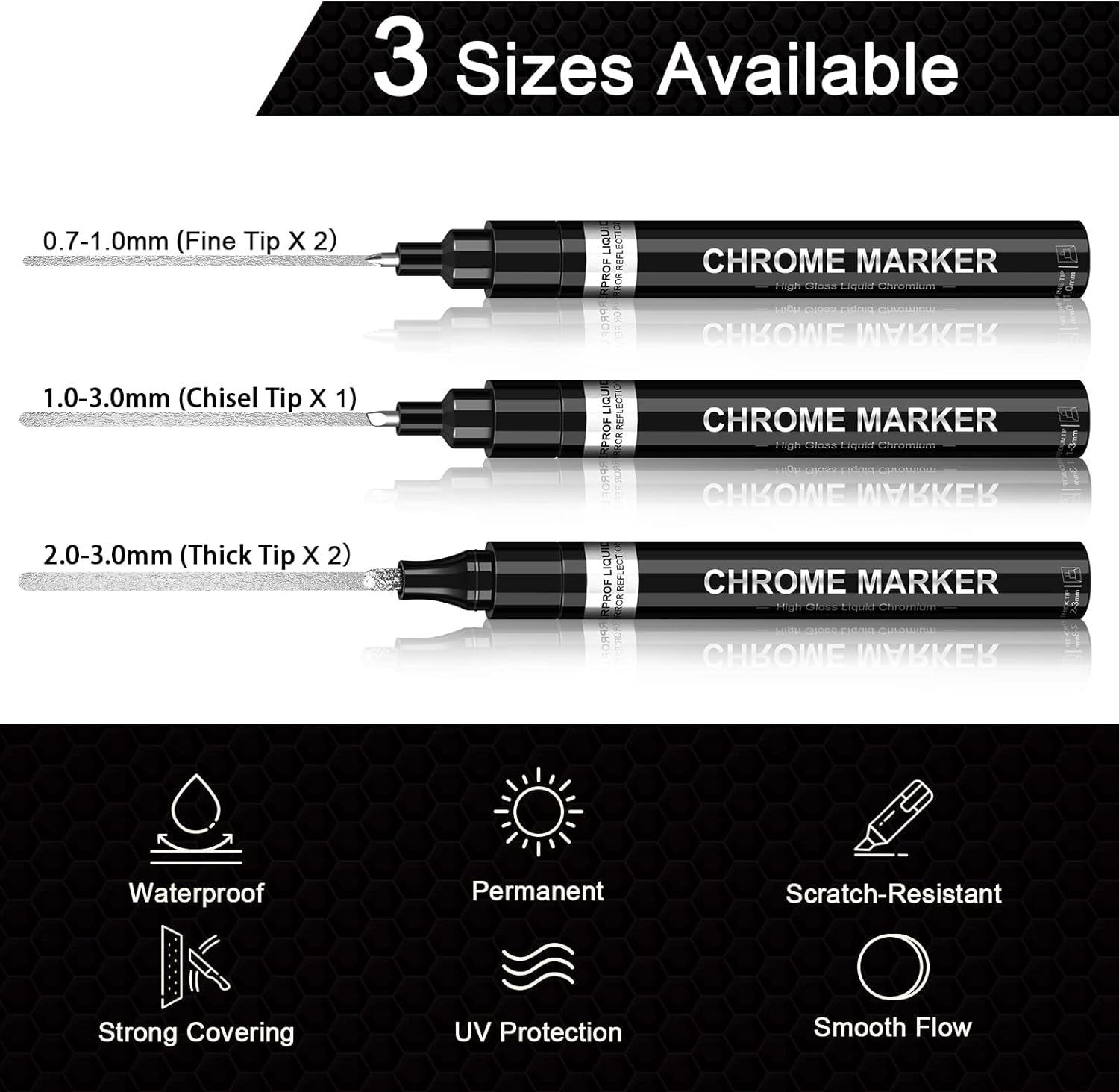 5Pcs Silver Liquid Mirror Chrome Markers, Oil-Based Permanent Chrome Paint Pens for Model Painting, Repairing, Marking or DIY Art Projects, Waterproof Reflective Gloss Metallic Markers