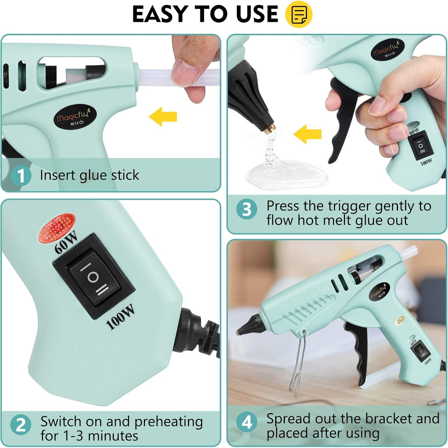 60/100W Hot Glue Gun Full Size with 15 Pcs Hot Glue Sticks (0.43 X 5.9 Inch) and Carry Case, Dual Power High Temp Melt Glue Gun Kit with Finger Caps, Mat for Arts Craft, Household, Green