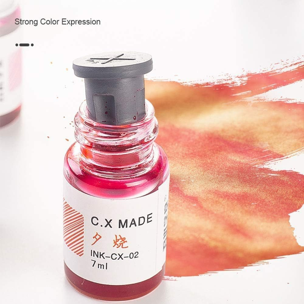 24 Colors Calligraphy Ink Set, Calligraphy Fountain Glass Dip Pen Color Ink Caligrapher Pen Ink Bottle Set, Gold Powder Drawing Writing Art Ink with Gift Box - 24 X 7Ml