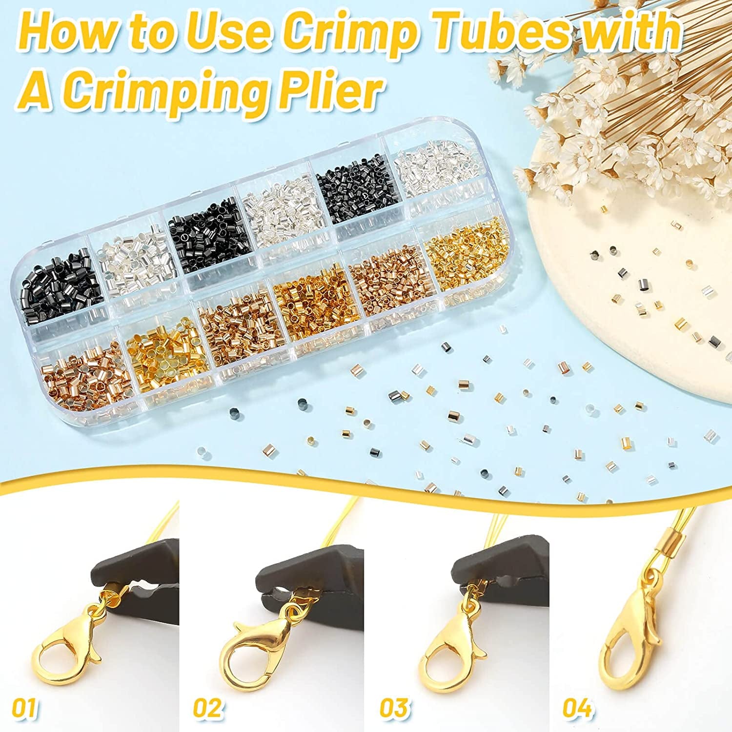 Crimping Beads for Jewelry Making, 2200 Pieces Crimp Tubes with Crimping Pliers for Earring Necklace Bracelet DIY Jewelry Making(3 Sizes, 4 Colors)