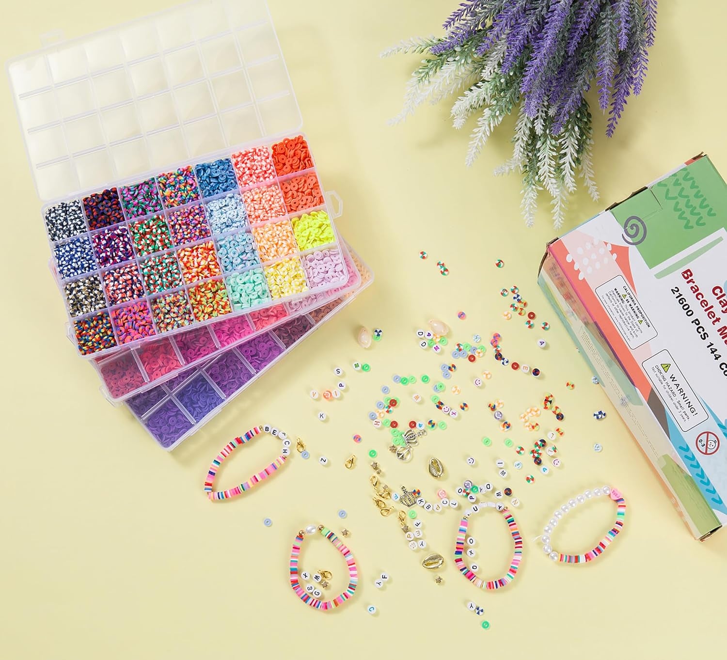 21600 Pcs Clay Beads Bracelet Making Kit, 144 Colors 6 Boxes Polymer Heishi Clay Beads for Jewelry Making, Flat round Beads with Letter Beads Charms Elastic String Gifts for Kids Ages 6+