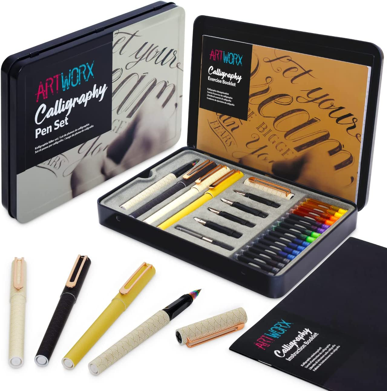 Calligraphy Pens Set - Introductory Caligraphy Writing &amp; Hand Lettering Kit - Includes Instructions, Guide Book and Practice Book - Calligraphy Set for Beginners