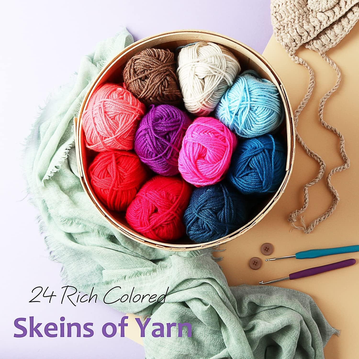 Soft Yarn 2400 Yards (24X50G), Acrylic Yarn for Crocheting & Knitting, 24 Vivid Colors, Perfect for Crafts, Amigurumi Yarn Set
