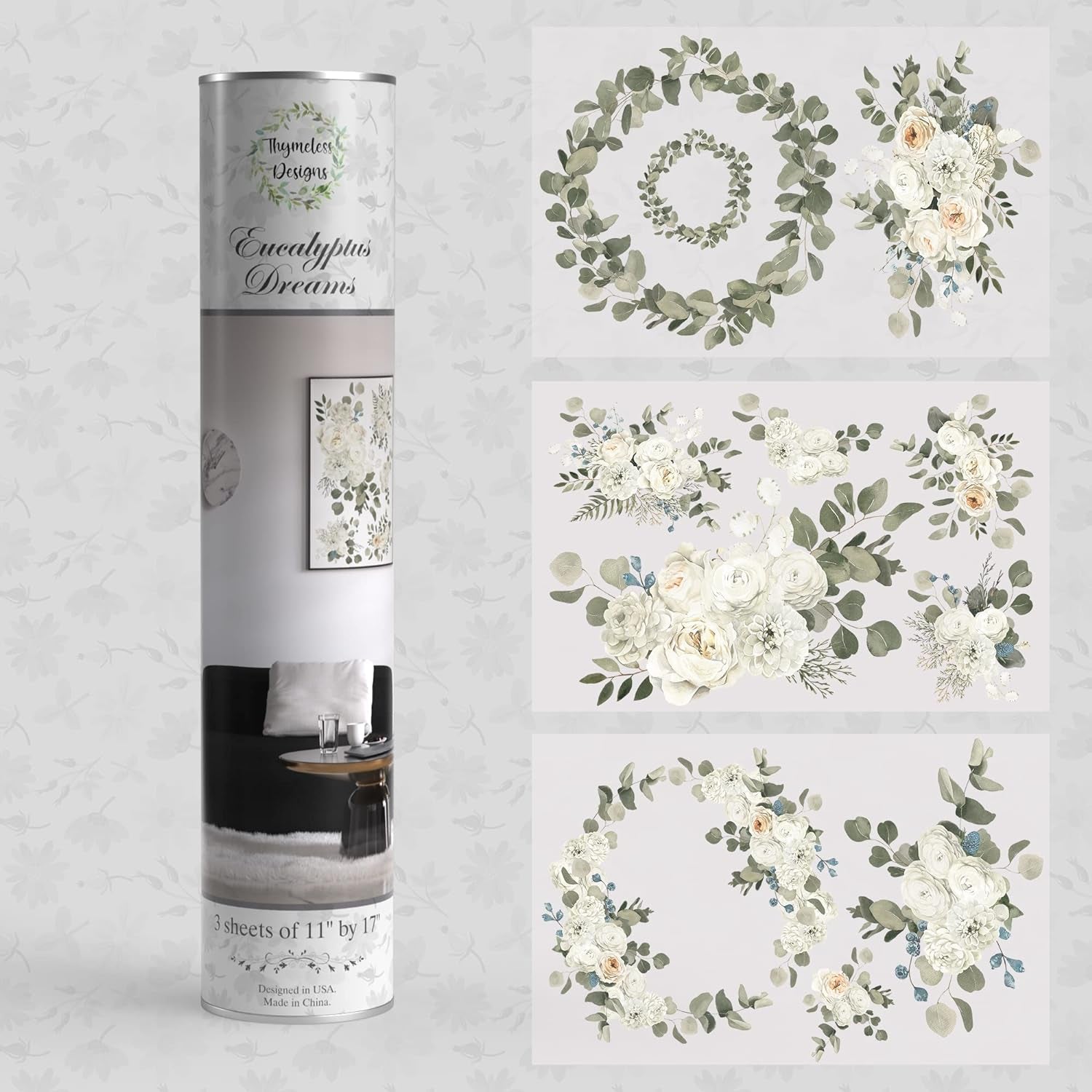Rub on Transfers for Furniture and Crafts | 3 Design Sheets 11” X 17” Each | Home Décor Transfers | Furniture and Craft Decals | by  (Eucalyptus Dreams)