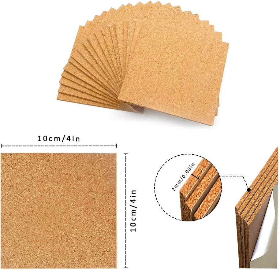 60Pcs Self Adhesive Cork Squares,  4 X 4 Inch Strong Cork Adhesive Sheets, Reusable Cork Board Cork Backing Sheets, Mini Wall Cork Tiles Mat for Coasters and DIY Crafts