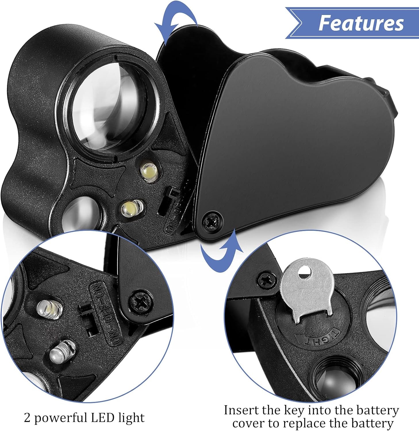 3 Pieces Magnifying Glass 30X 40X 60X Jewelers Loupe Illuminated Jewelers Eye Loupe Foldable Loupe Magnifier with Light Diamond Magnifying Glass for Gems Jewelry Coins Stamps Watches