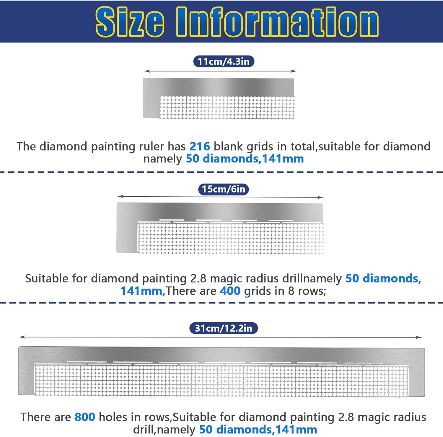 3 Pieces Diamond Painting Ruler Stainless Steel Diamond Mesh Ruler 5D Diamond Ruler Tool with 216, 400 and 800 Blank Grids, 2 Pieces Diamond Painting Fix Tool for DIY Diamond Painting Kits