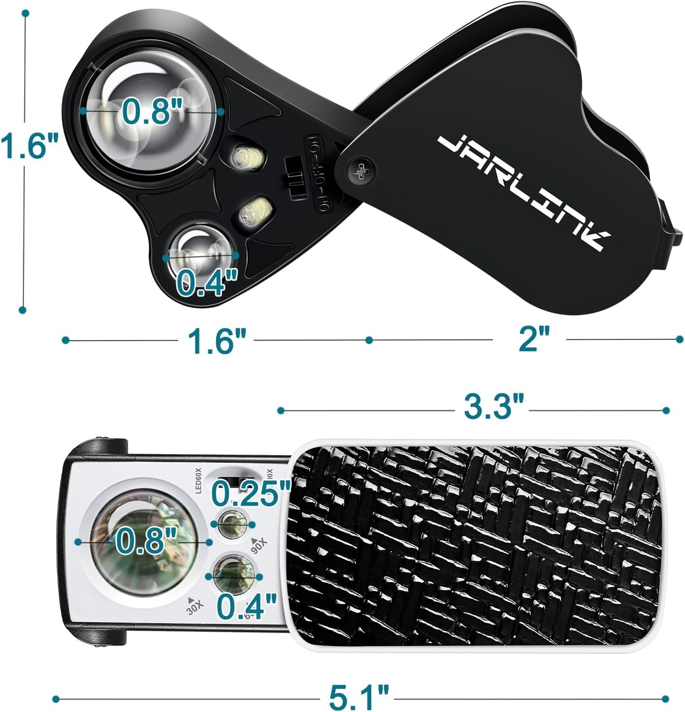 2 Pack Jewelers Loupe, 30X 60X 90X Illuminated Jewelers Eye Magnifier and Magnifying Glass Loop with UV Black Light and Bright LED Light for Gems, Jewelry, Diamond, Coins, Stamps (Black)