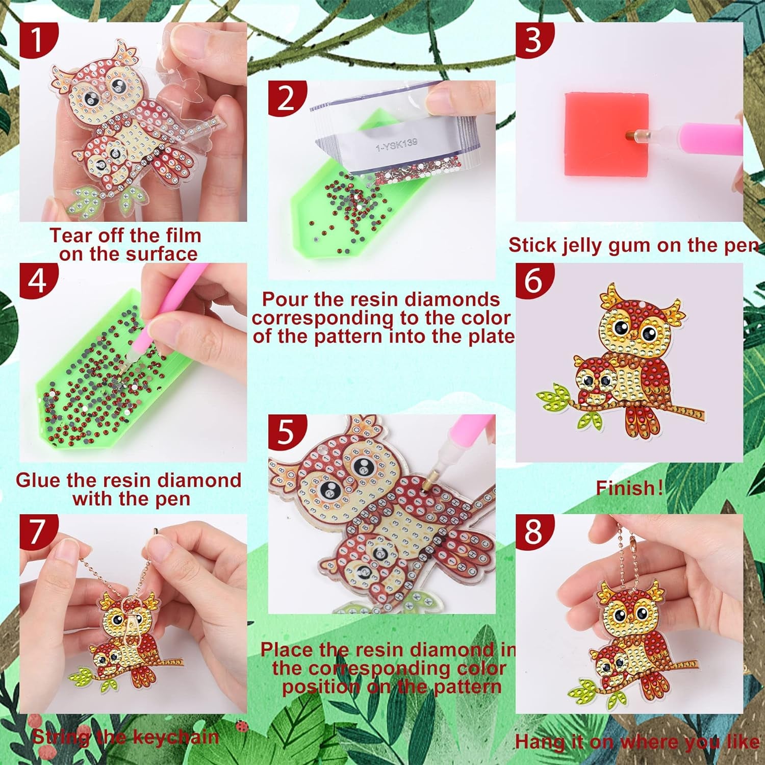 12 PCS Diamond Painting Keychains Kit Animals Diamond Art Ornaments Double Sided 5D Diamond Key Rings DIY Diamonds Pendants for Beginners Birthday Crafting Home Party Decor