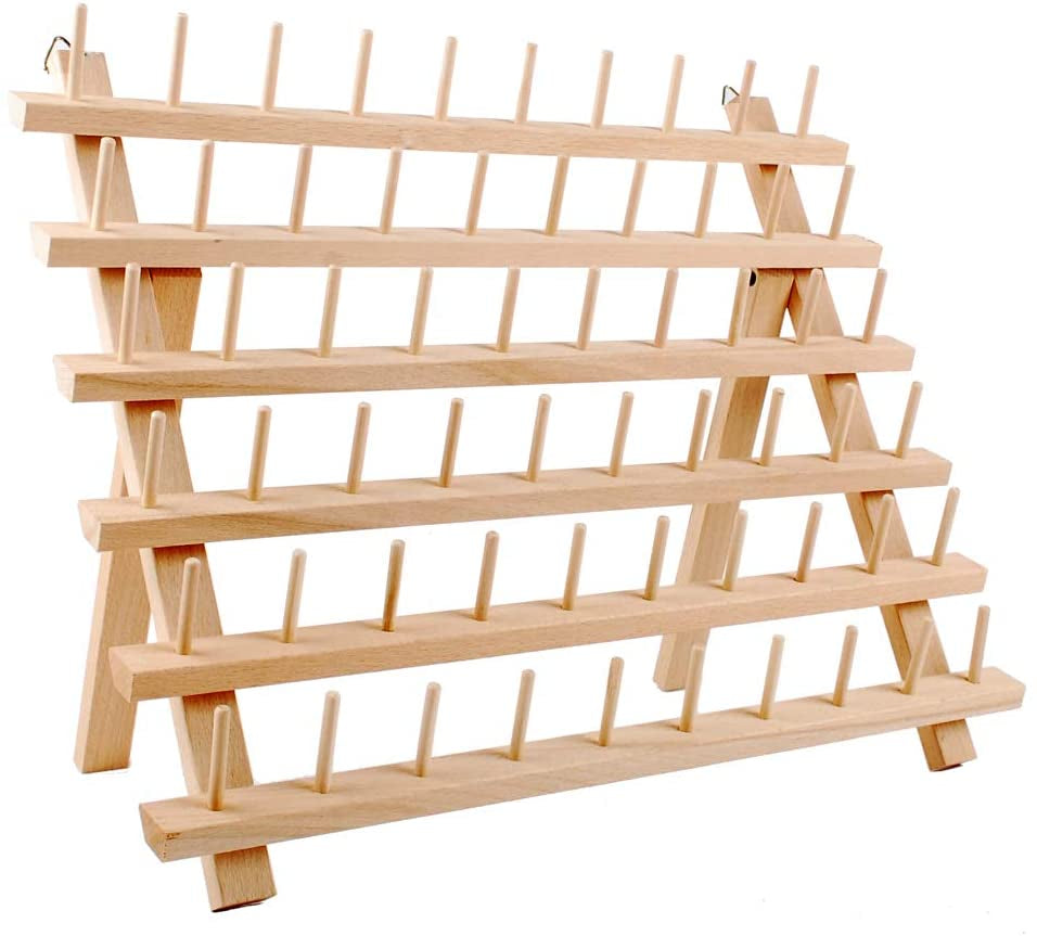 60-Spools Wooden Thread Holder Sewing and Embroidery Thread Rack and Organizer Thread Rack for Sewing with Hanging Hooks