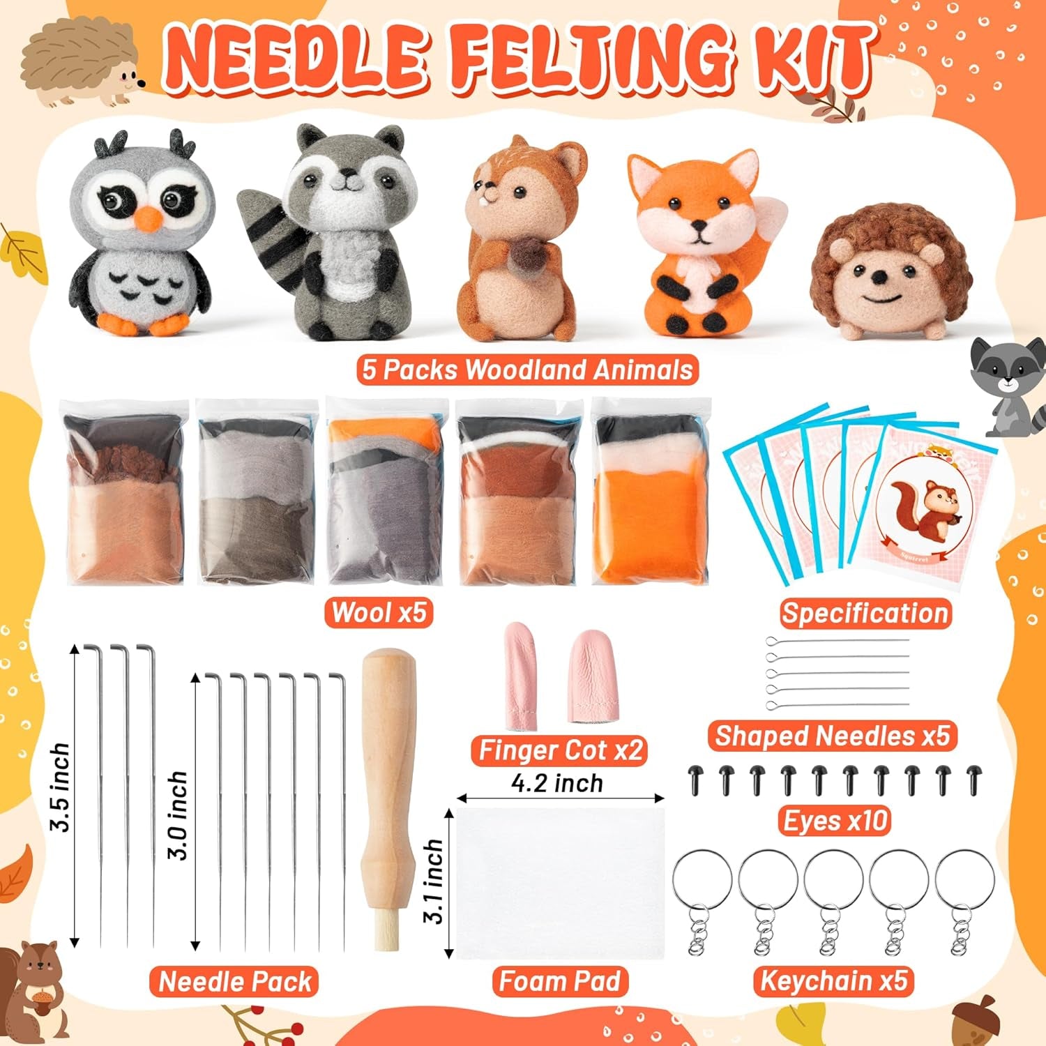 Set of 5 Woodland Wool Needle Felting Kit, Fox Owl Hedgehog Squirrel Raccoon Animal Doll Wool Felt Needle Felting Tools Foam Pad, DIY Needle Felting Craft Party Supplies for Beginners
