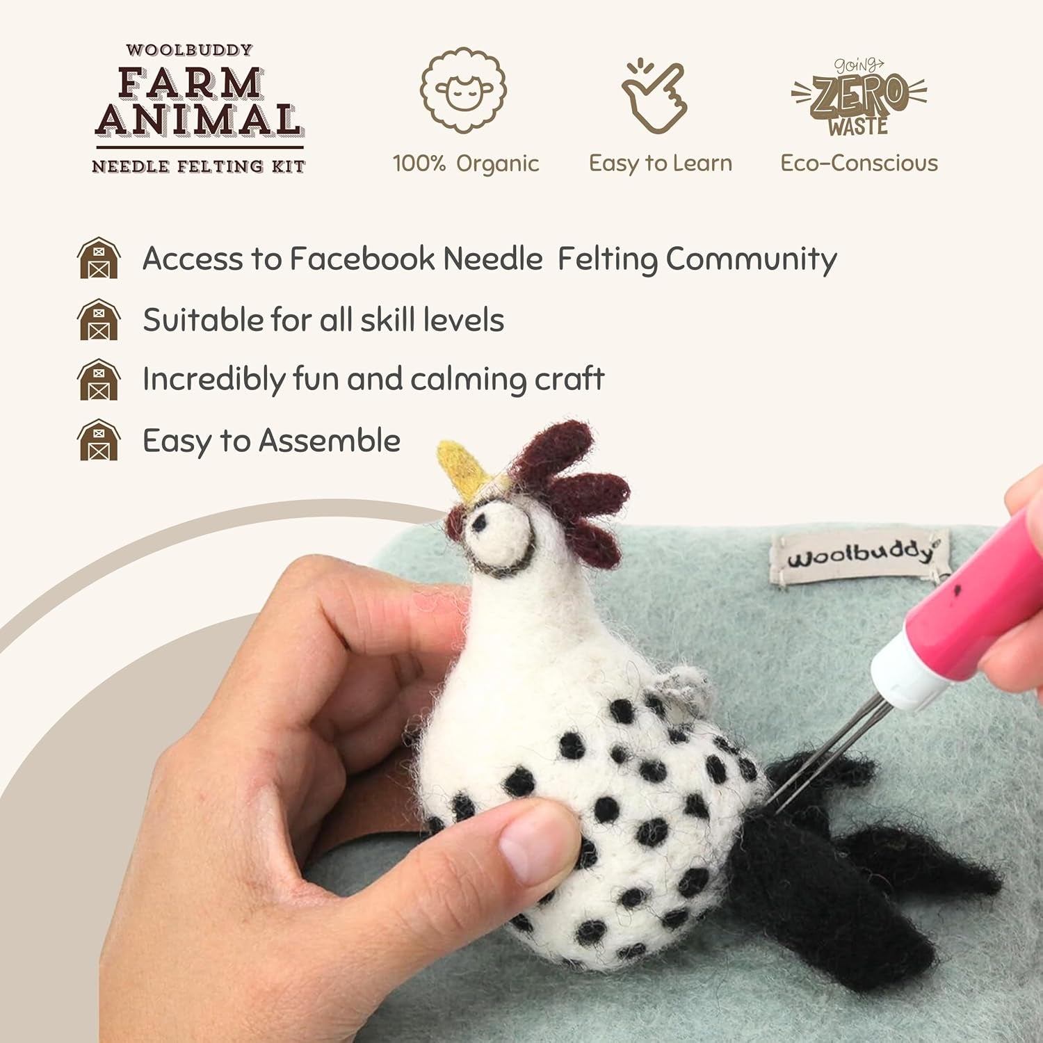 Needle Felting Kit, Farm Animals, Felting Kit for Beginners Adult, Felting Supplies Included - White Mini Felting Pad, Soft Felting Wool, 4 Felting Needles and Clear English Instructions