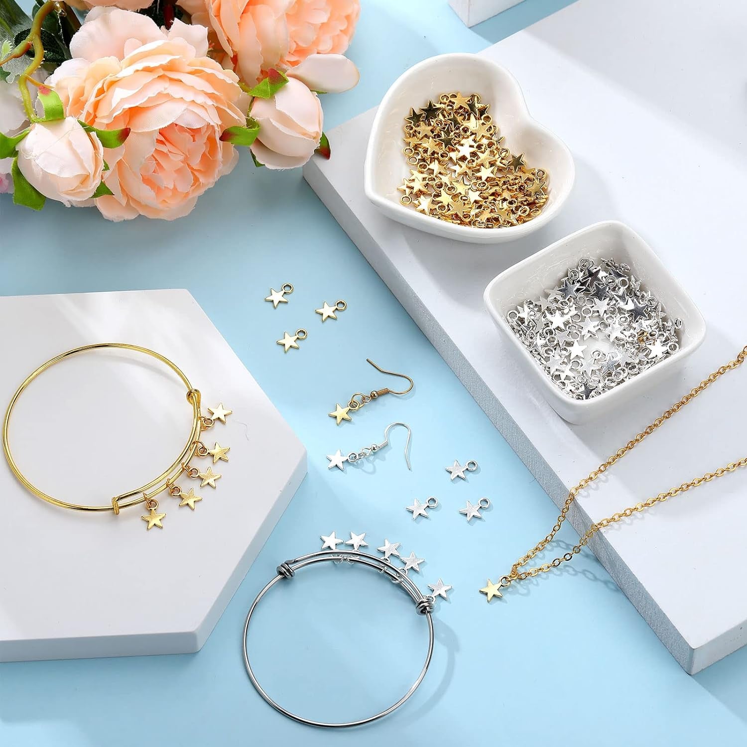 200 Pieces Star Pendant Mini Star Charms Bulk Alloy Star Dangle for Necklace Earring Bracelet Keychain Jewelry Making Graduation Decoration Gifts, 8 X 10Mm