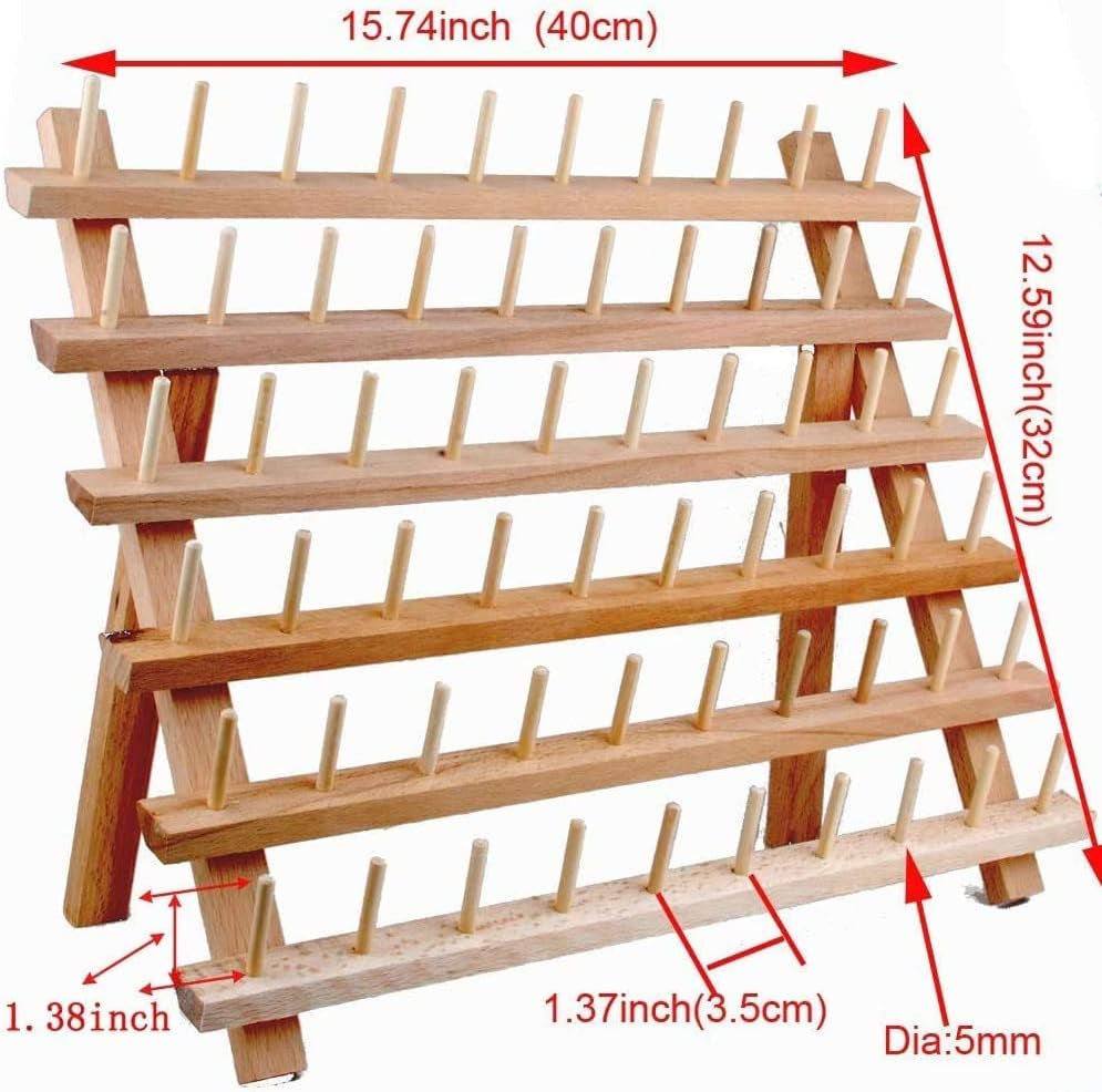 60-Spools Wooden Thread Holder Sewing and Embroidery Thread Rack and Organizer Thread Rack for Sewing with Hanging Hooks