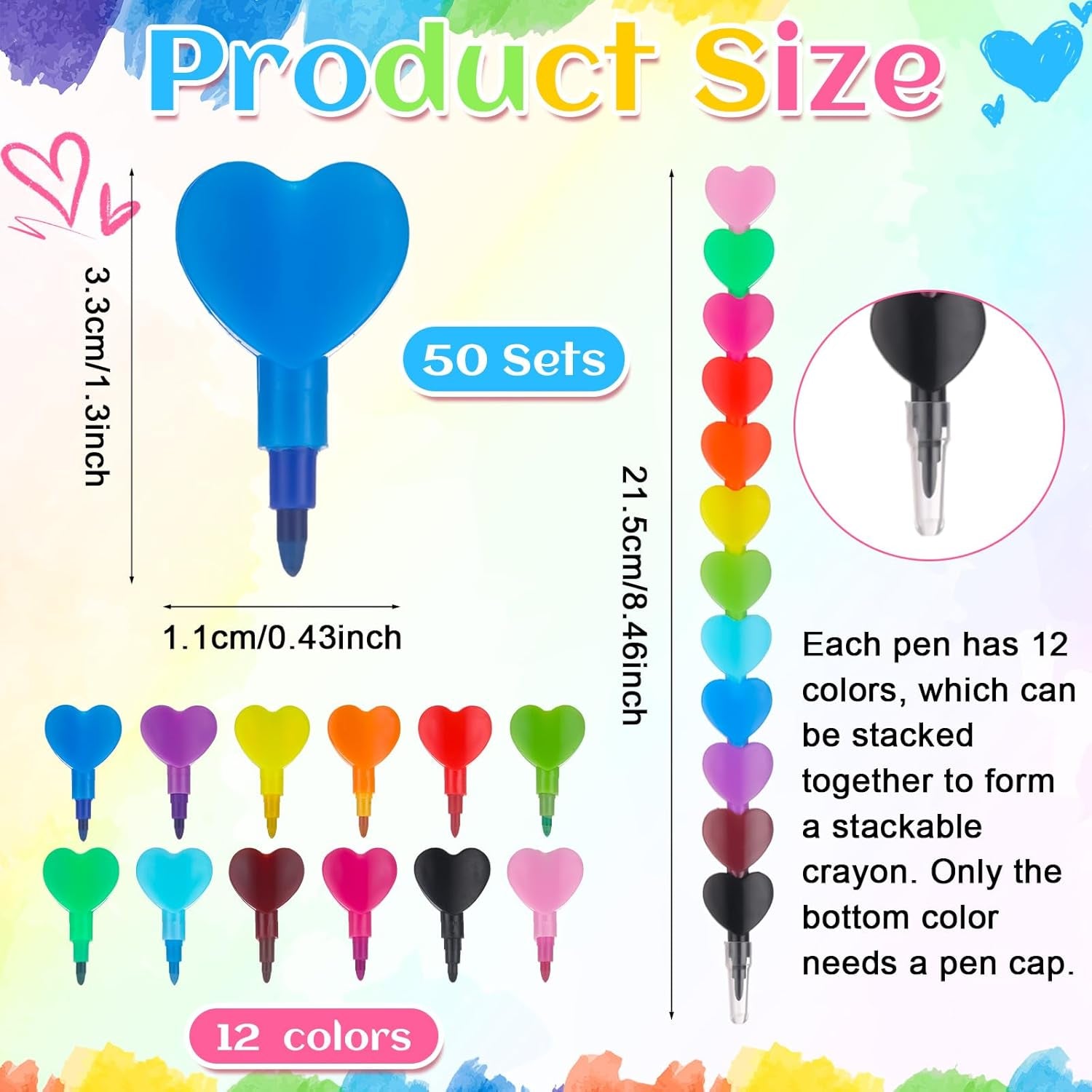 50 Sets End of Year Student Gift Stackable Crayons and Coloring Card Kindergarten Graduation Gift Bulk 2024 Congrats Grad Last Day of School Party Favor for Preschool Students(Heart)