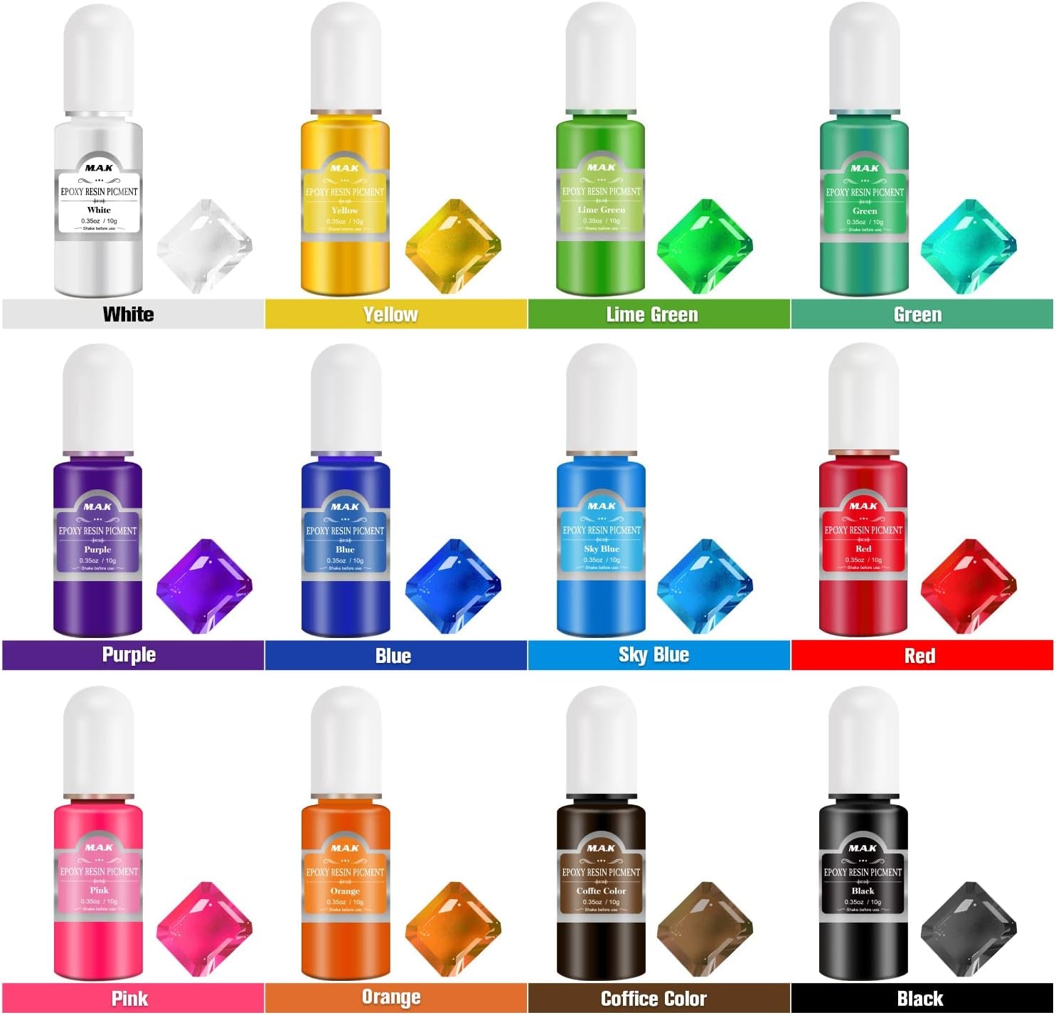 Epoxy Resin Pigment - 12 Colors Epoxy Resin Liquid Dye Transparent High Concentration Resin Colorant for Epoxy Resin Crafts Art Coloring, Painting, Jewelry DIY Making, 0.35Oz/10 Ml Each