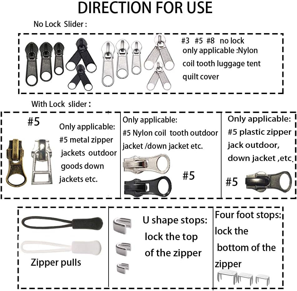 Zipper Repair Kit 255 Pcs Zipper Replacement Kit with Zipper Install Pliers Tool and Zipper Extension Pulls for Clothing Jackets Purses Luggage Backpacks Tents Sleeping Bag