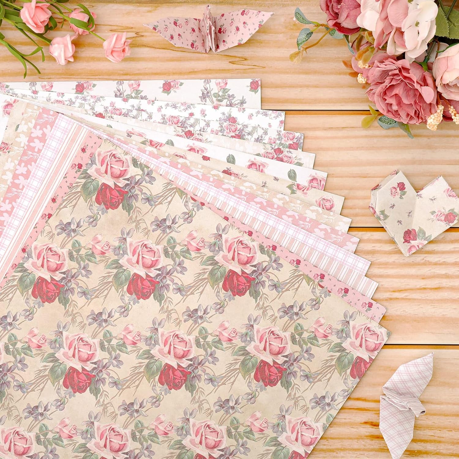 12 Designs Spring Pattern Paper 24 Sheet Rose Floral Scrapbook Paper Pink Double-Sided Collection Decorative Craft Paper Folded Flat for Card Making Scrapbook Photo Album Decor, 30 X 30Cm