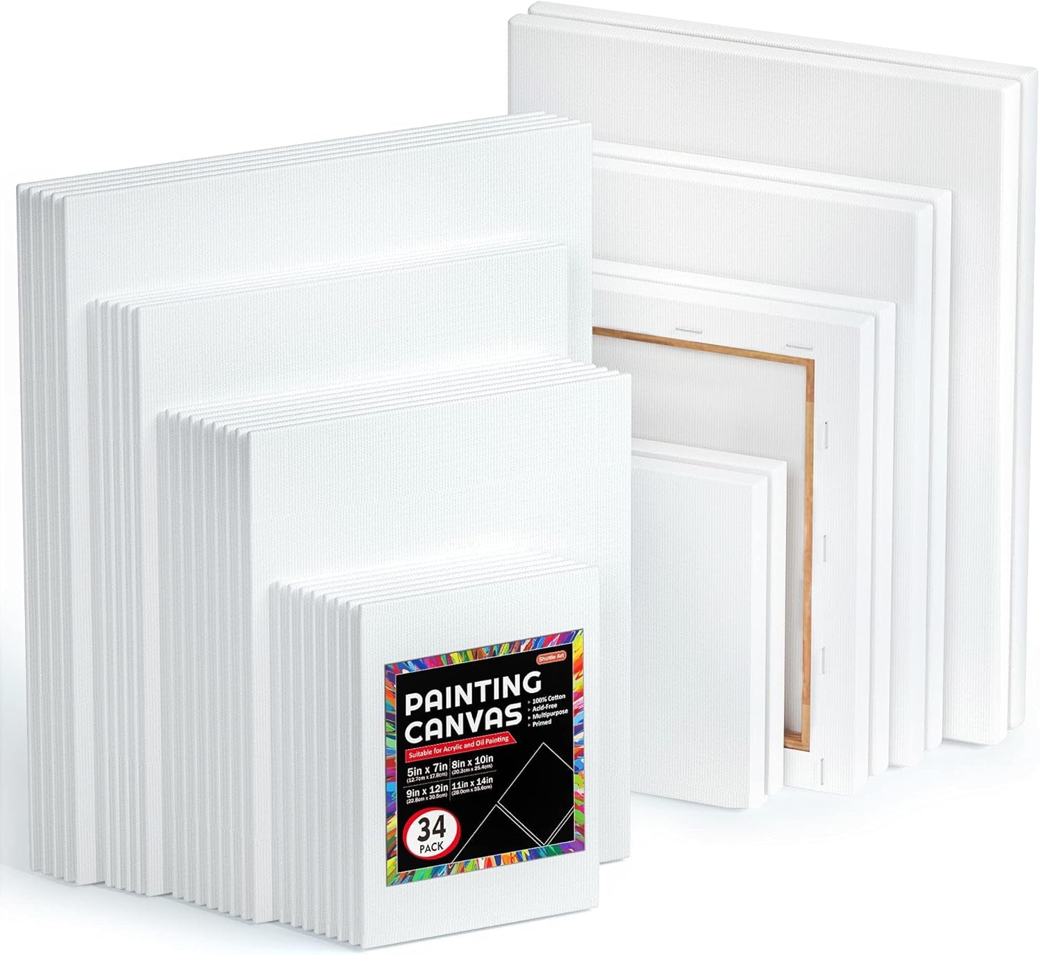 Canvases for Painting,  34 Pack Multi Sizes Stretched Canvas and Canvas Panels, 5X7”, 8X10”, 9X12”, 11X14”, 100% Cotton Primed Canvas Boards for Painting, Blank Canvas for Acrylic Oil Paint