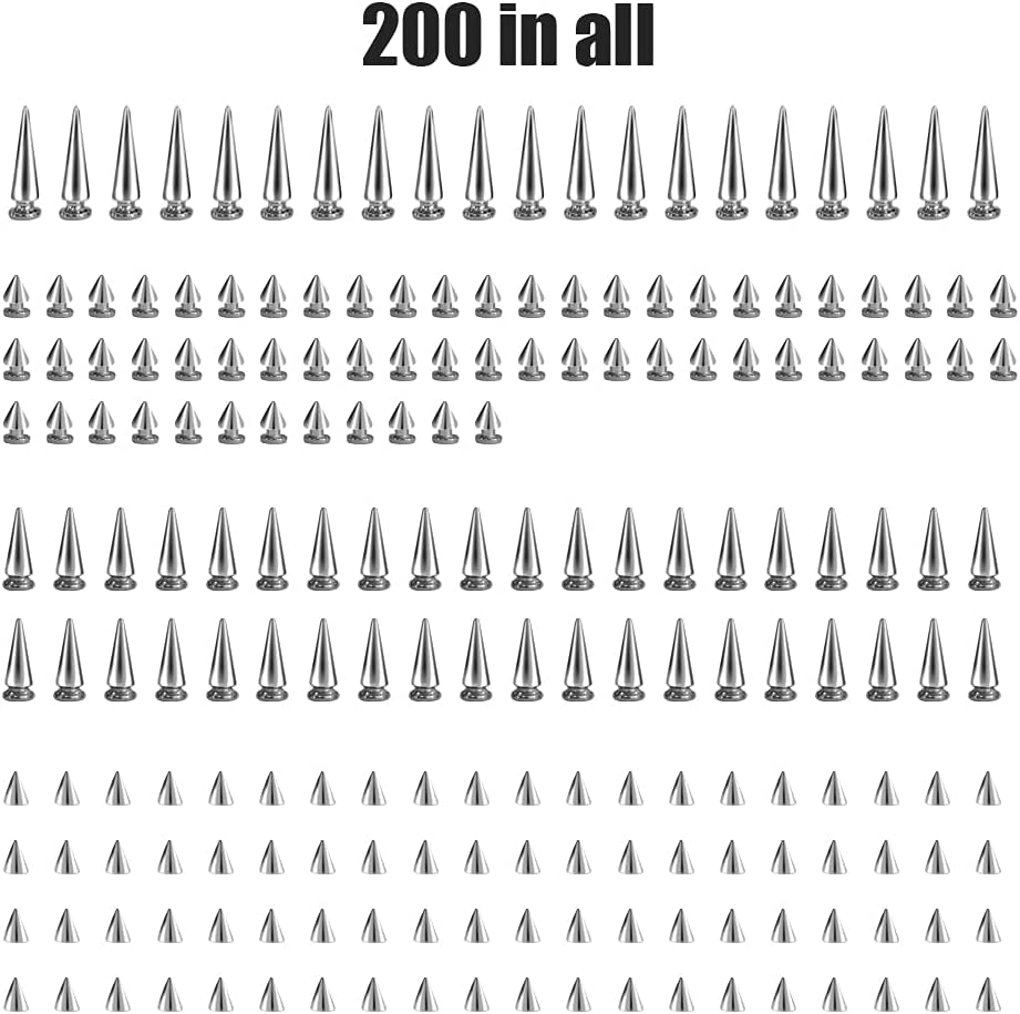 200 Sets Silver Cone Spikes Multiple Sizes Screw Back Studs Punk Rock Bullet Rivets for DIY Clothing Leather Craft