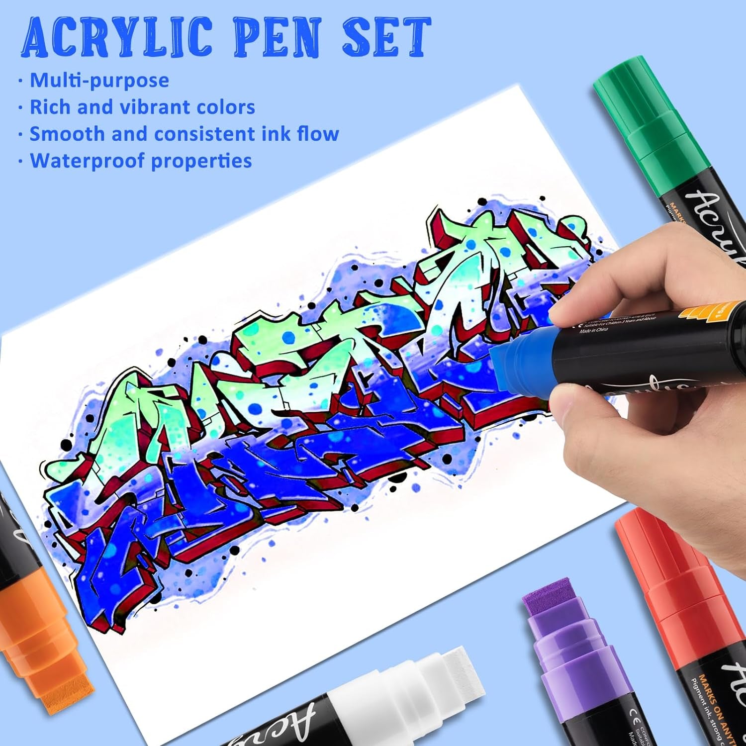 Acrylic Paint Markers - 10 Jumbo Colored Markers, 15Mm Jumbo Felt Tip, Waterproof and Permanent Ink Acrylic Paint Marker Pens for Rock Painting, Stone, Ceramic, Glass, Wood, Canvas, Outdoor Paintings