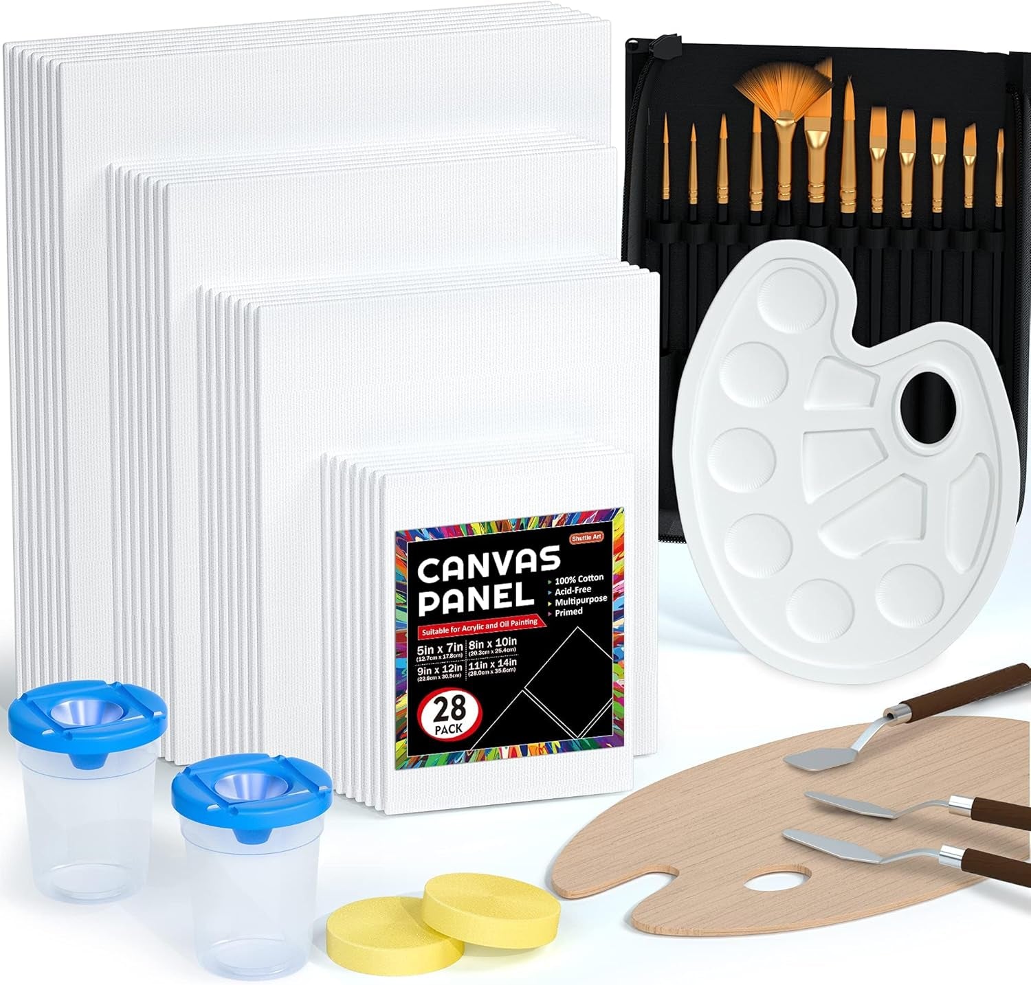 50 Pack Canvas Painting Kit,  Painting Supplies with 28 Multi Sizes Canvas Boards for Painting and 22 Tools Including Paint Brushes, Palette, Painting Knives for Acrylic, Oil, Gouache Paint