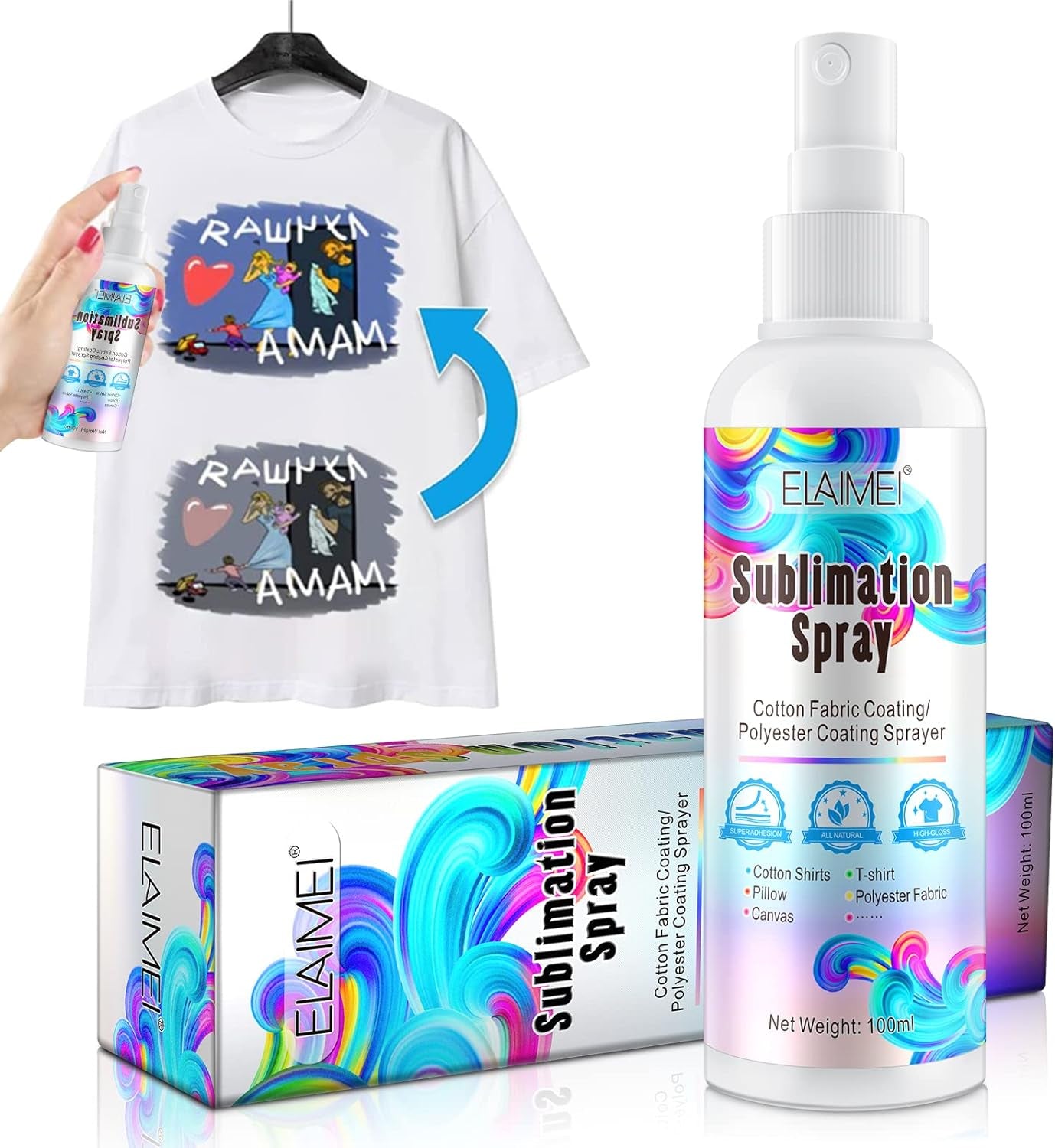 2X100Ml Sublimation Spray, Sublimation Coating Spray for All Fabric, Including 100% Cotton, Polyester, Carton, Tote Bag, Pillows, Mugs, Canvas, Quick Dry &amp; Super Adhesion, High Gloss Vibrant Color