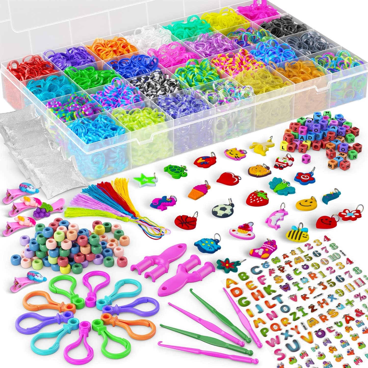 11,900+ Rubber Band Bracelet Refill Kit - 11,000 Premium Loom Bands in 28 Bright Colors, 600 S-Clips, 200 Beads, 30 Charms, 52 ABC Beads - Loom Bracelet Making Kit in a Huge Giftable Case