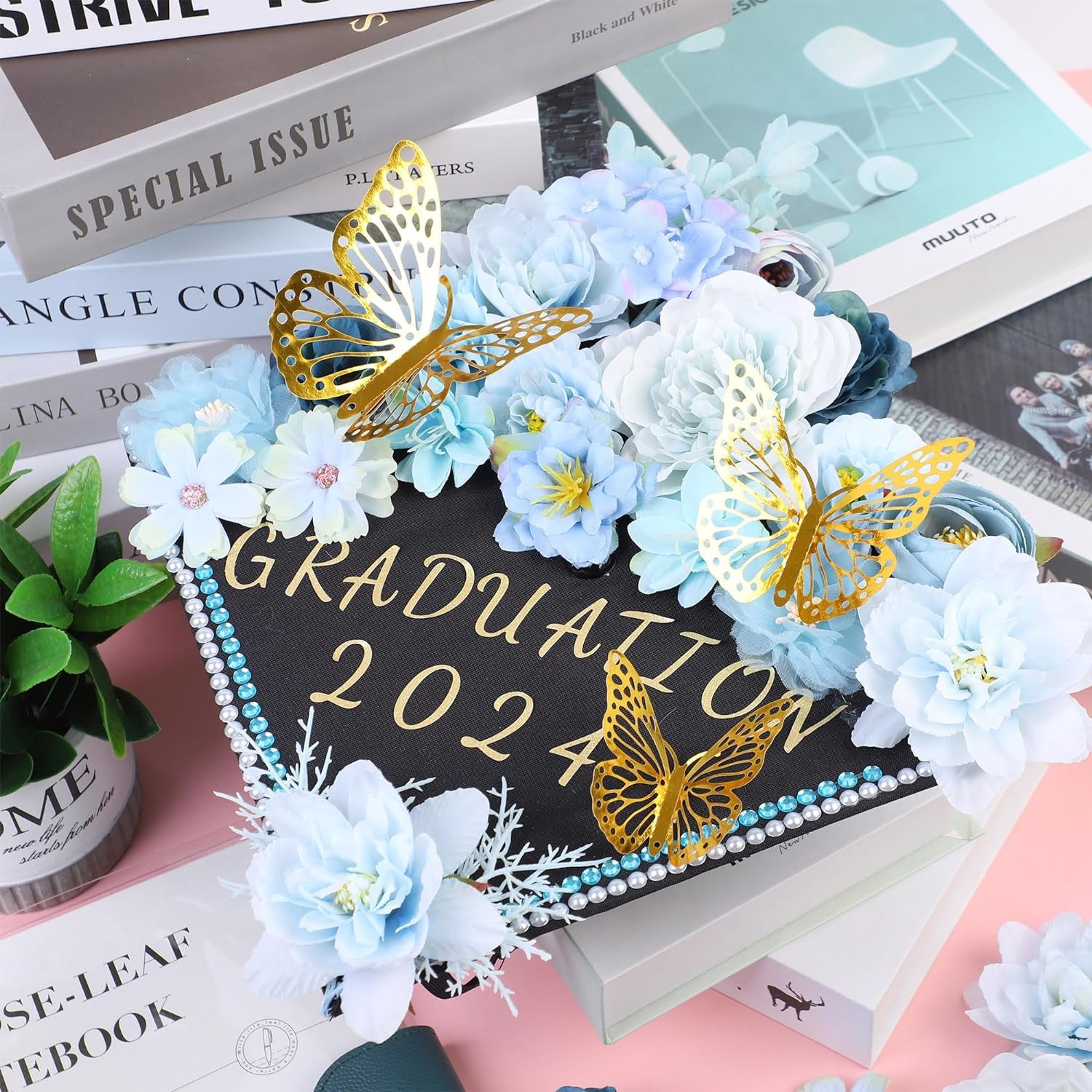 Graduation Cap Decorations Kit Include Assorted Flowers 3D Butterfly Stickers Glitter Rhinestones Alphabet Letter Number Stickers for DIY Grad Cap 2024 Graduation Party Supplies (Blue Flower)