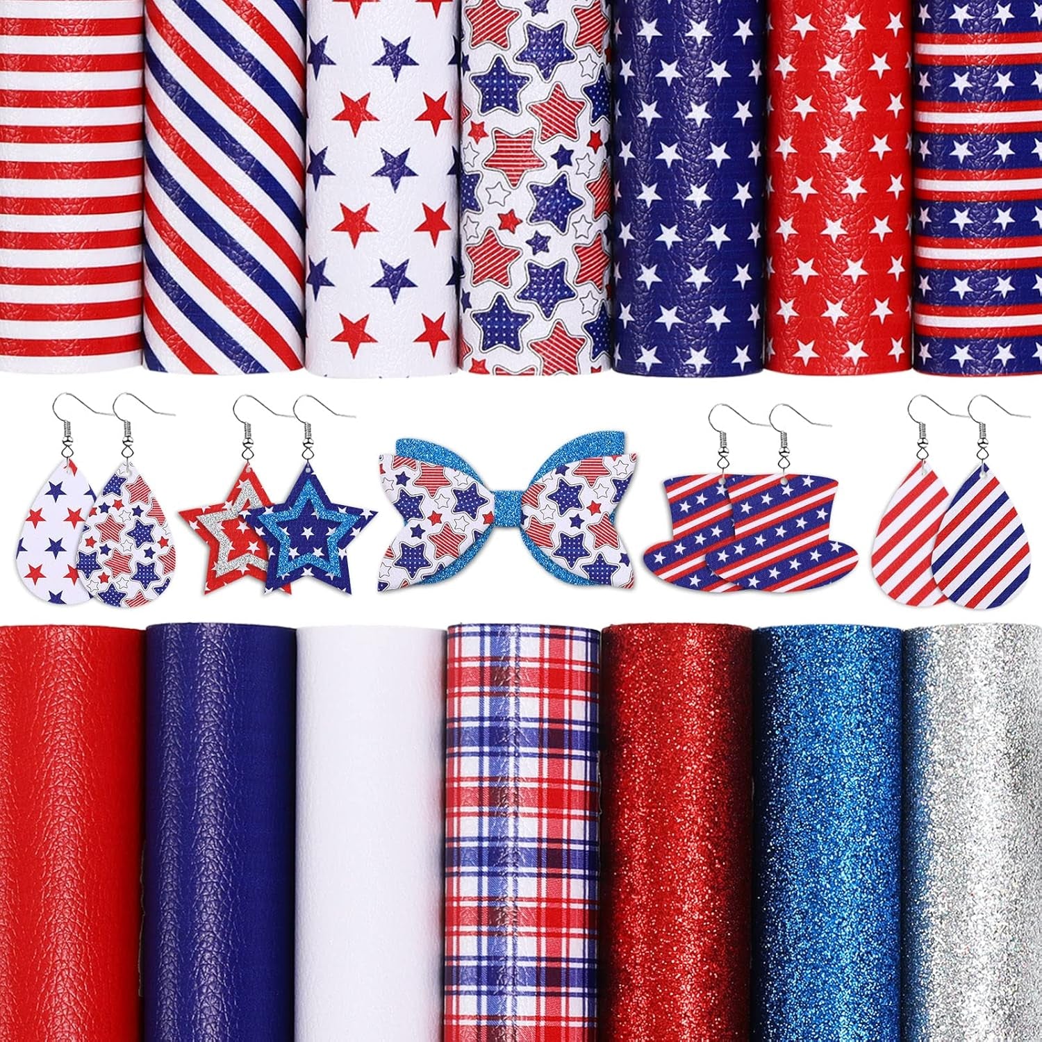 14Pcs 4Th of July Faux Leather Sheet Stars and Stripes Synthetic Leather Glitter Sequins Fabric Crafts for Patriotic Independence Day Earring Craft Bag Hair Bow DIY Gift Making, 8.3 X 6.3In