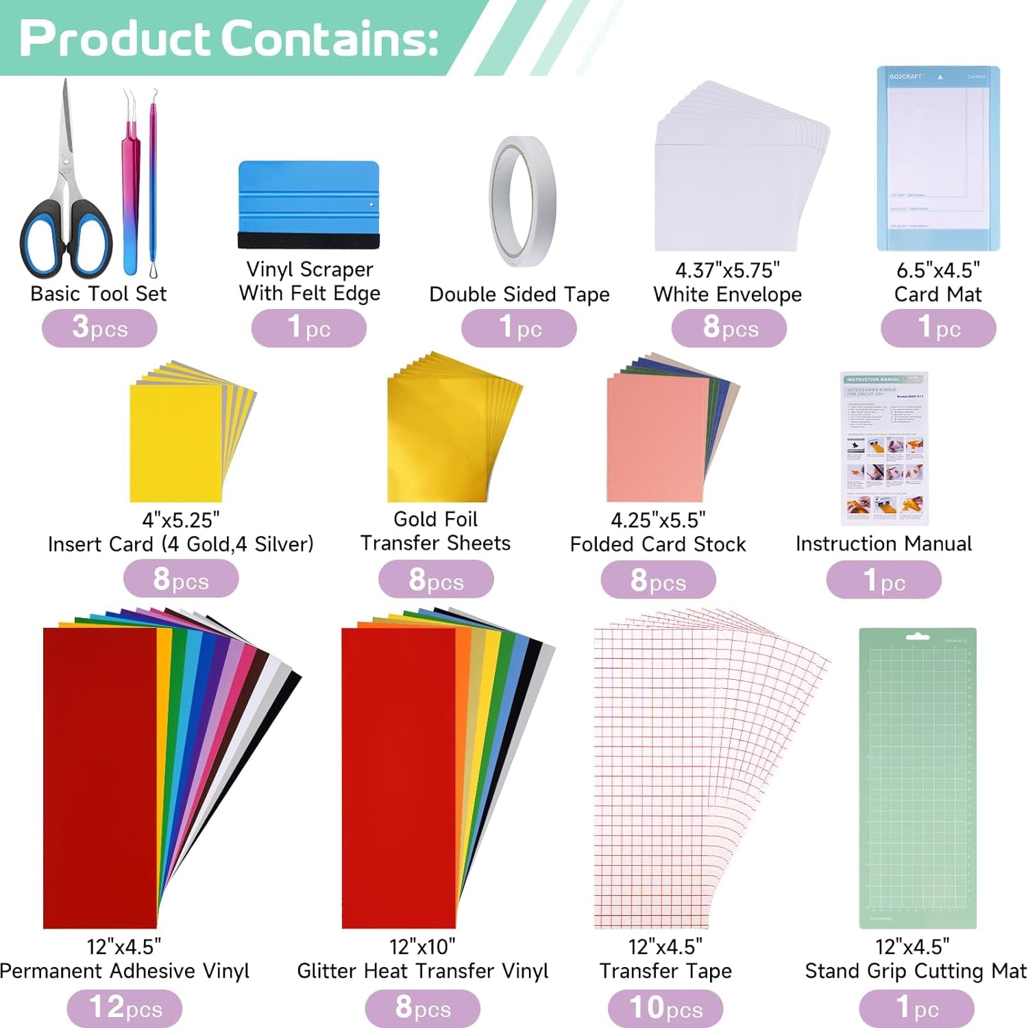 Accessories Bundle for Cricut Joy, 70Pcs Ultimate Accessories and Supplies with Adhesive Vinyl Sheets, Folded Card Stock, Card Mat, Weeding Tools, Crafting Starter Kit for Cricut Projects